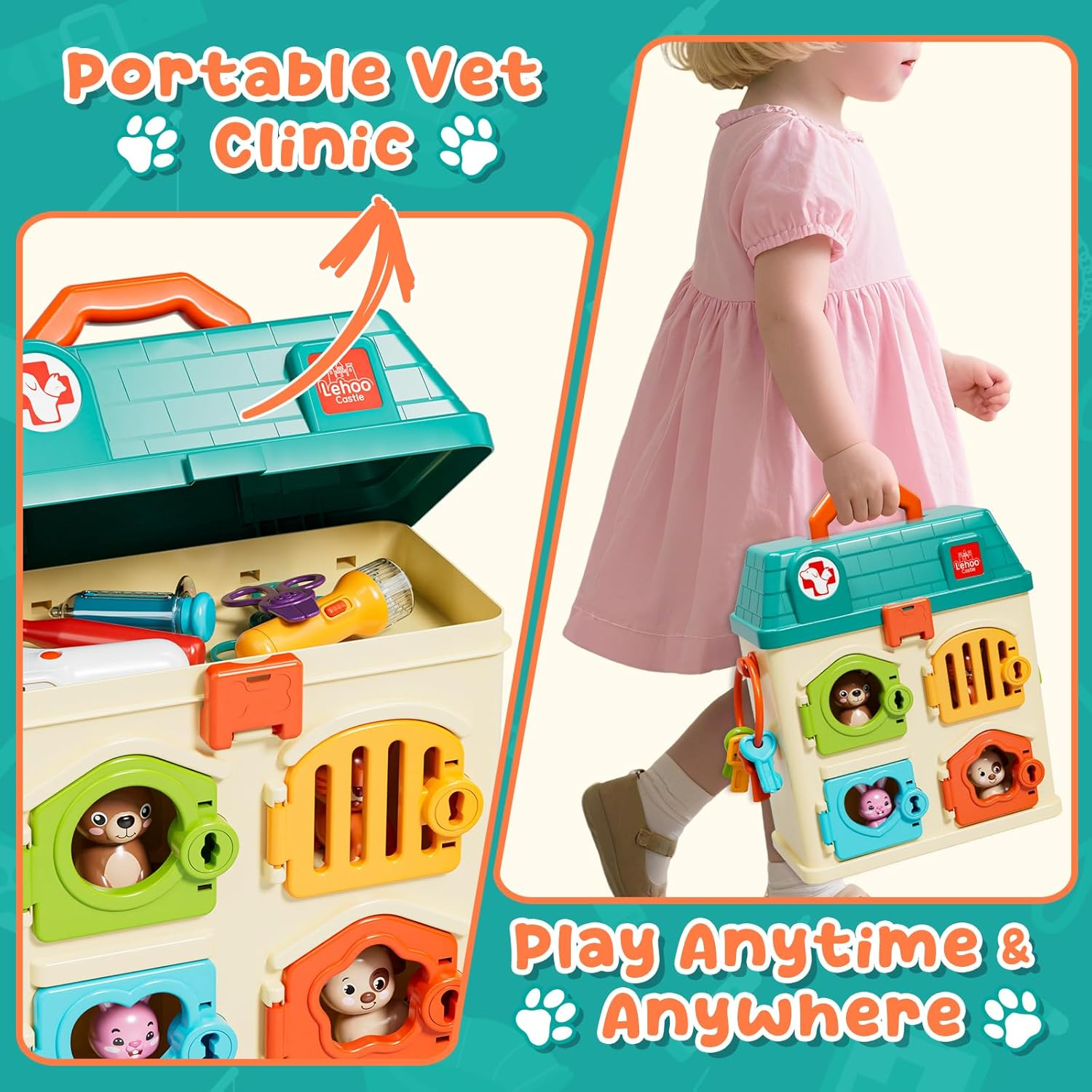 Lehoo Castle Doctors Play Sets for Kids, Vet Playset for Toddlers, Veterinary Critter Clinic Toy with 4 Animals, Pet Care Playset Hospital, Pretend Play Toy for Toddlers 1-3 image number 4