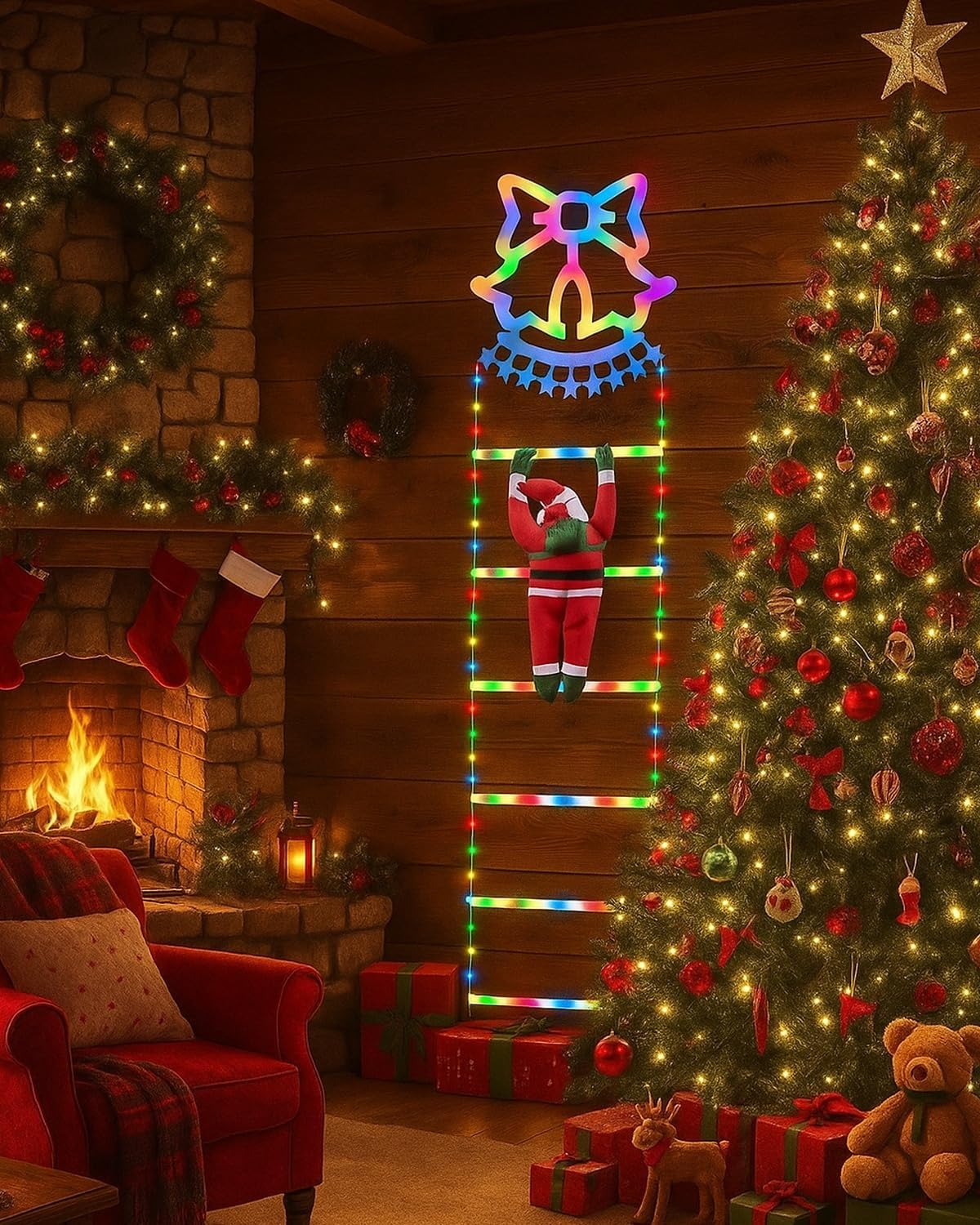 Theapro LED Christmas Ladder Lights 5.7FT/1.75 M Climbing Santa Claus Decorative Lights Battery Operated with 8 Mode Waterproof Fairy String Lights for Xmas Tree Outdoor Indoor (Multi-Color) image number 6