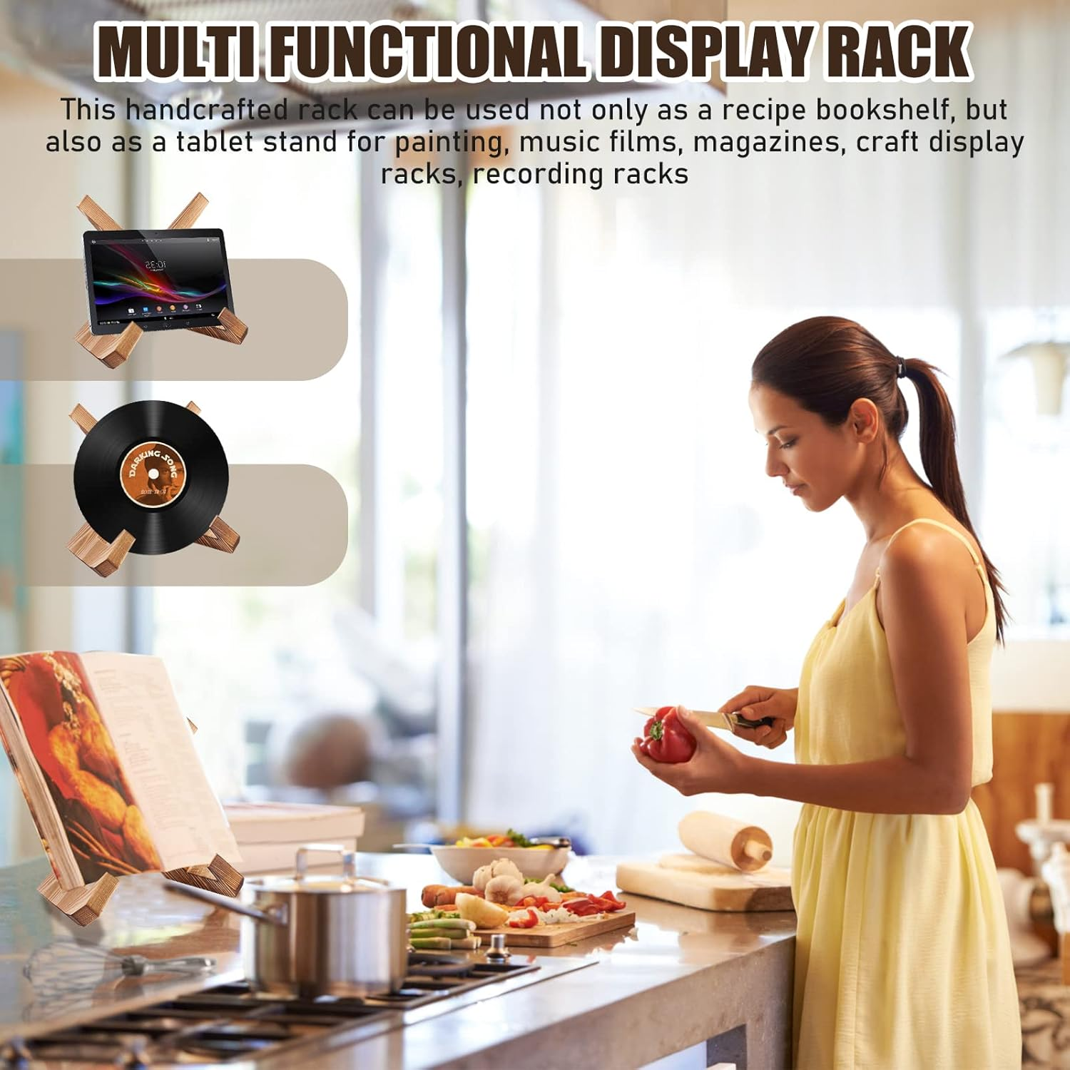 Solid Wood Cookbook Stand, Handmade Wooden Cookbook Holder, Portable Cook Book Stand for Kitchen Counter, Super Lightweight Recipe Book Holder for Display Stand, Home Decor Book Reading Stand image number 1