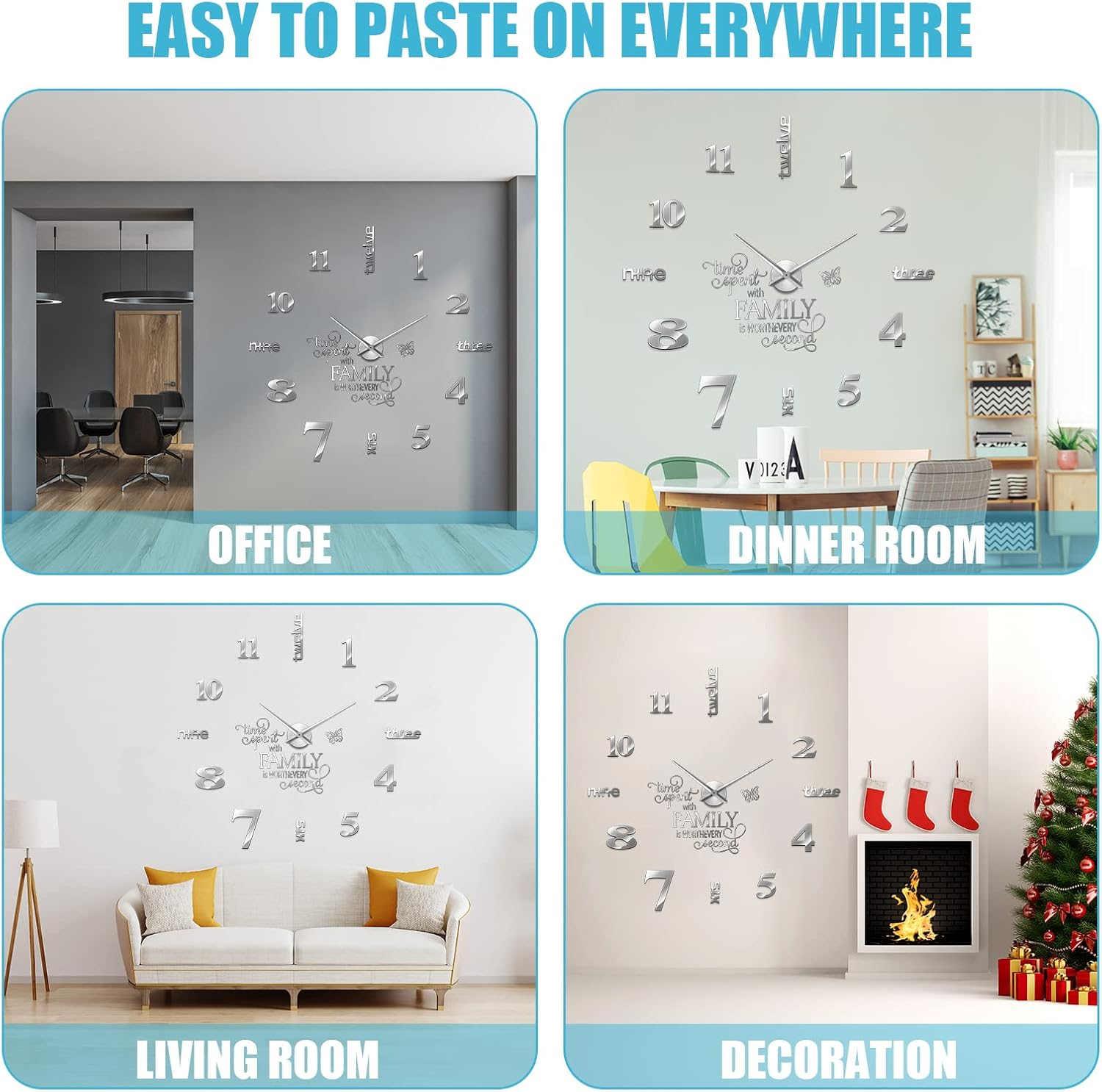 Junkin 3D Large Frameless DIY Wall Clock,Modern Decor Family Quote Wall Stickers Clock Kit for Home Living Room Bedroom Office Wall Decorations Adjustable Size (Silver) - Gold image number 6