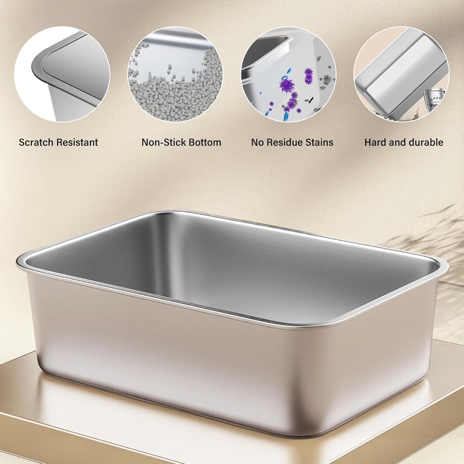 Stainless Steel Cat Litter Box, 60L X 40W X 30H CM for Big Cats with High Wall Sides Enclosure and Scoop, Non-Sticky, Anti-Leakage, Easy Cleaning image number 5