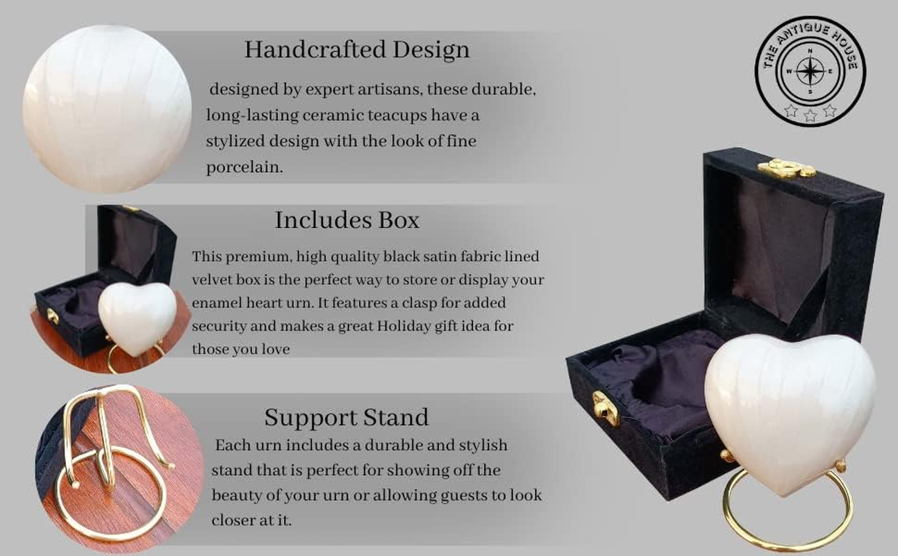The Antique House White Cremation Urn for Ashes Keepsake Heart Urn with Black Box & Brass Stand Mini Urn for Your Loved One Adult & Funeral Burial for Adults & Infants (A254) image number 2