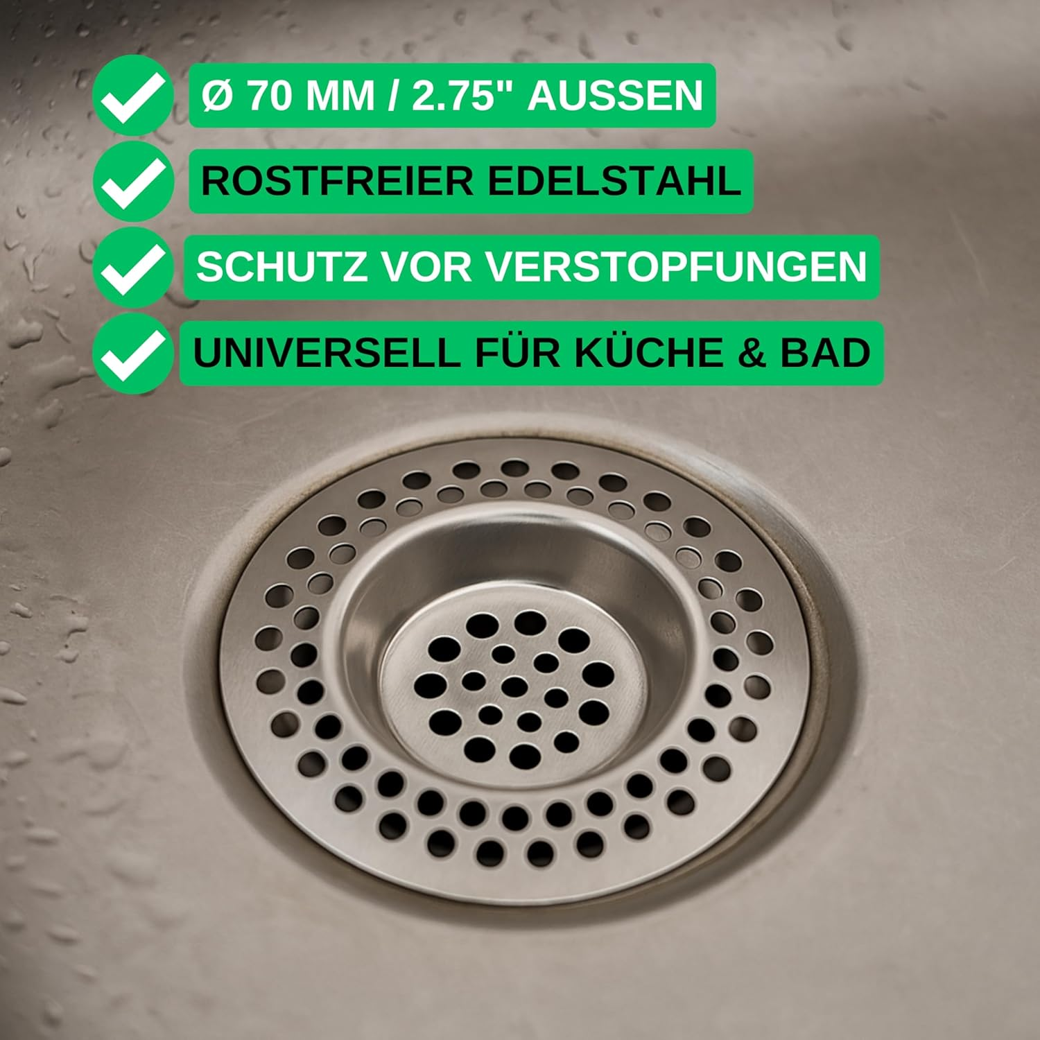 Stainless Steel Drain Strainer 3 Pack Diameter 70Mm outside 42Mm inside Protrudes 9.5Mm Spout Drain Strainer for Kitchen Sink, Sink, Shower Tray, Bathtub, Hair Strainer and Food Scraps Strainer, Hair Filter Basket image number 5