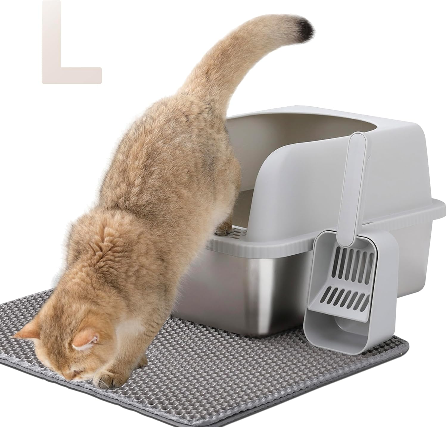 Fafargeen Stainless Steel Litter Box with Lid, Metal Litter Box High Sided anti Leakage, Kitty Box Rust Free Non Sticky, Dark Grey Steel Odor Control L