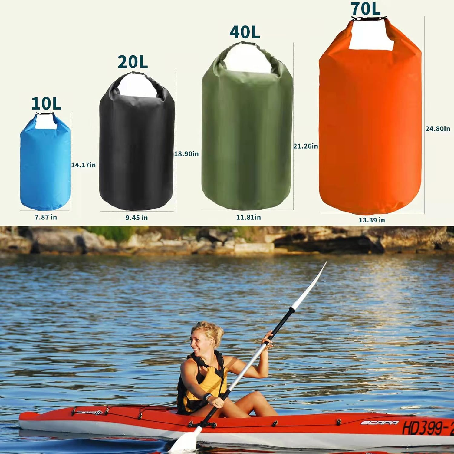 CMCOOPLX 10L/20L/40L/70Lwaterproof Dry Bag, Lightweight Canoe Bags Storage Bags,Dry Sacks Waterproof Bags for Kayaking Rafting Boating Hiking Camping Travel Fishing Sea Swimming Boating (Orange, 70L) image number 5