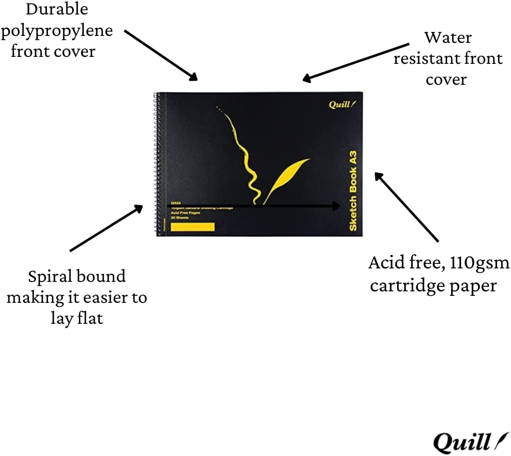 Quill, Sketch Book A3, 20 Sheets, 110Gsm Cartridge Paper, Spiral Bound, Durable Polypropylene Front Cover, Heavy Cardboard Back Cover, Landscape image number 1