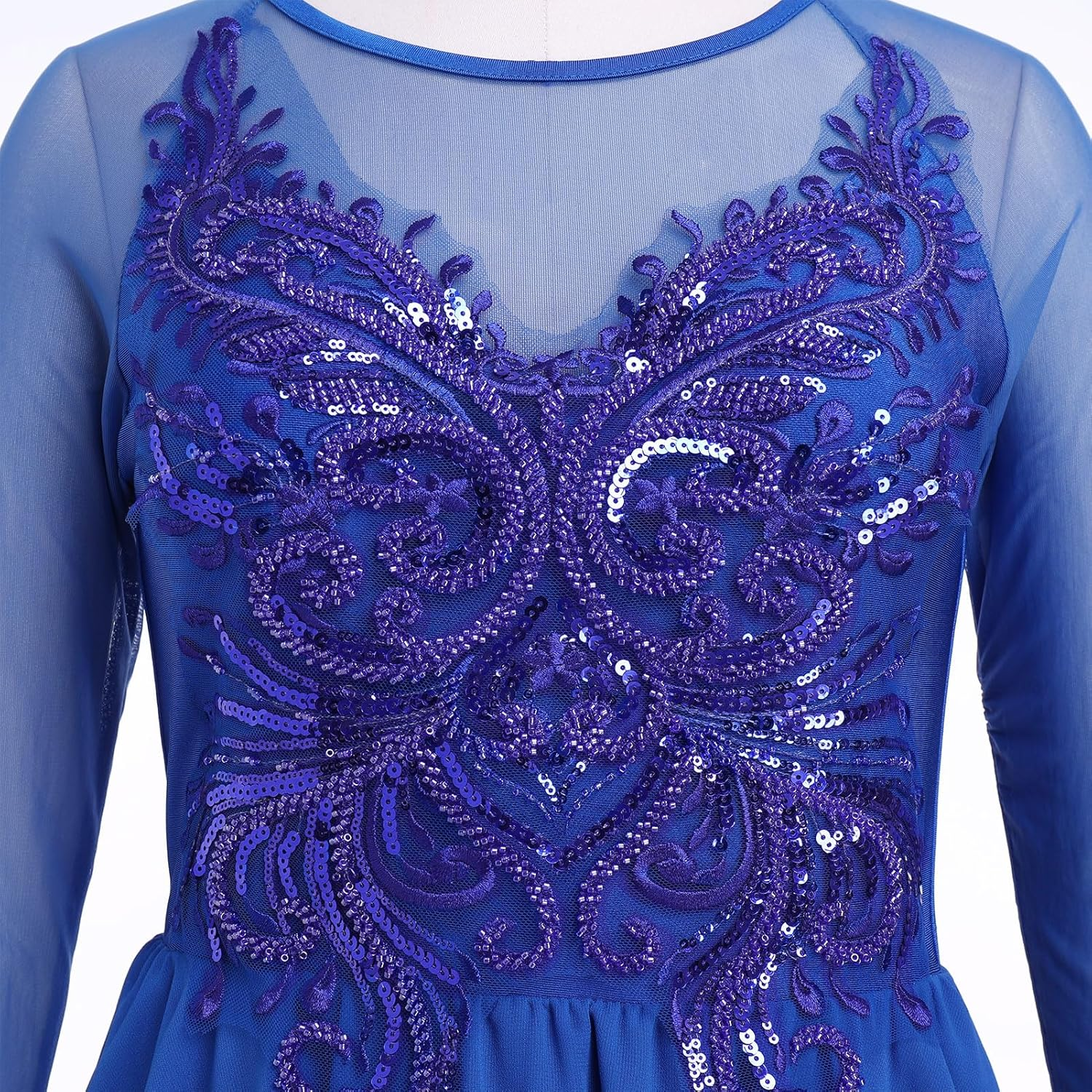 ODASDO Figure Skating Dress for Women Mesh Long Sleeve Criss Cross Back Sequin Bead Chiffon Skirted Leotard Dancewear