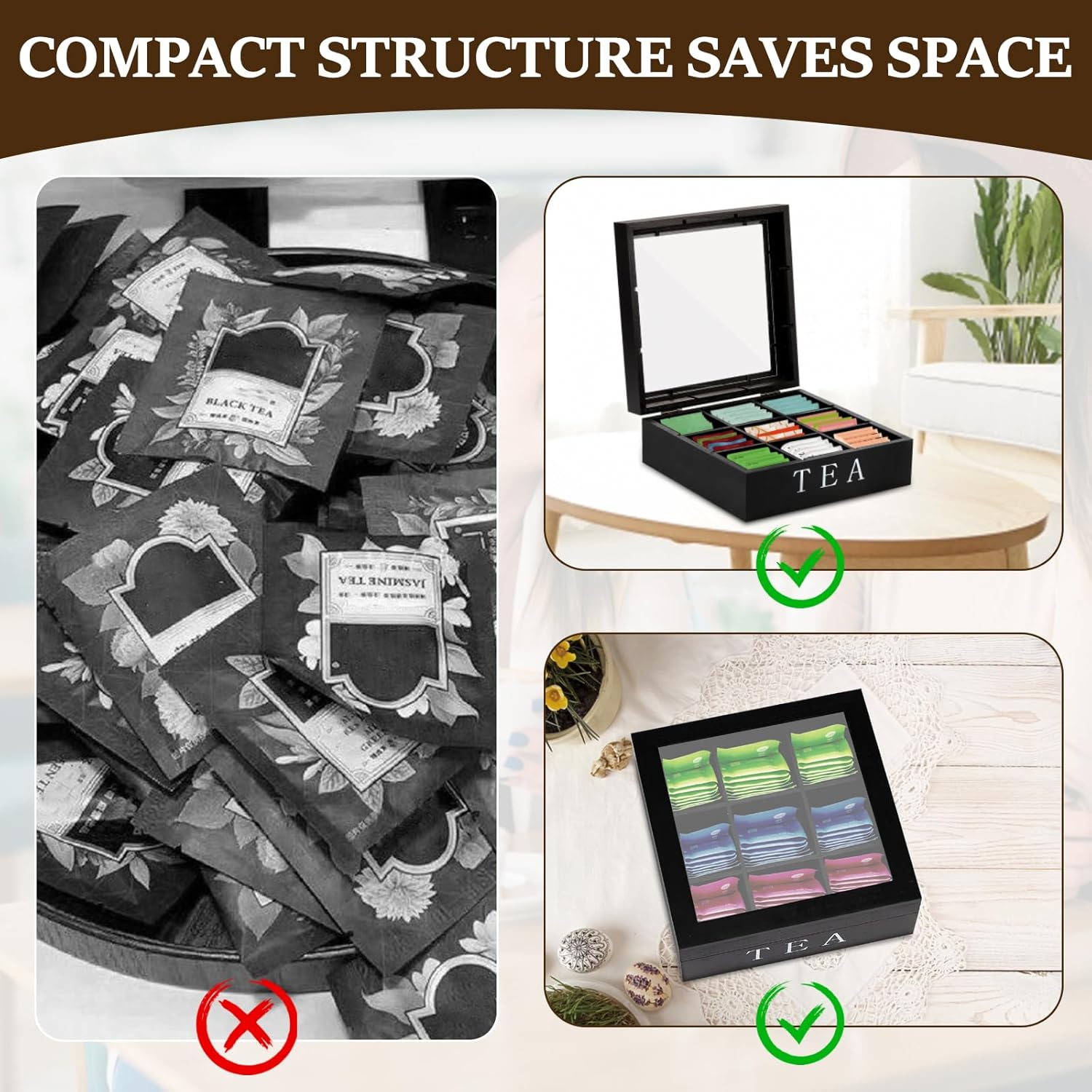 Awobepl Tea Bag Organizer Wood Tea Bag Holder with Clear Lid 9 Compartments Tea Caddy Practical Tea Organizer Caddy Large Capacity Tea Bag Box for Home Office (Black) - White image number 4
