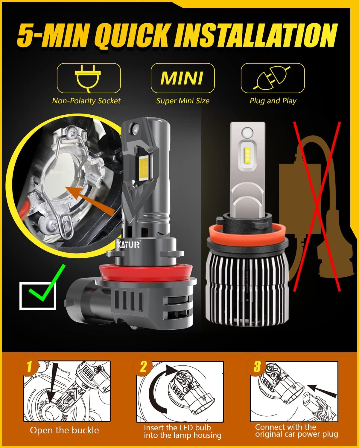 KATUR H11 LED Headlight Bulbs, 400% Brightness 20000LM 6000K Xenon White 1:1 Mini Size All-In-One Conversion Kit Non-Polarity No Adapter Required Plug and Play H9 H8 LED Fog Light Bulb, Pack of 2 image number 2