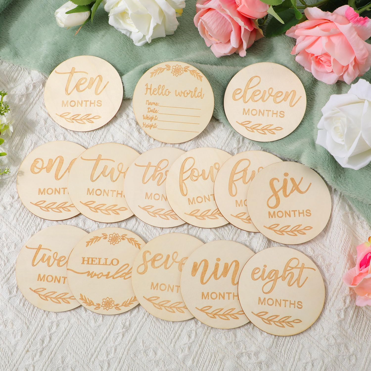 14Pcs Flower Baby Monthly Cards, 1-12 Months Baby Announcement Sign Hello World Newborn Sign for Milestone Wooden Discs Baby Monthly Card Sign for Boy and Girl Photography Props image number 5