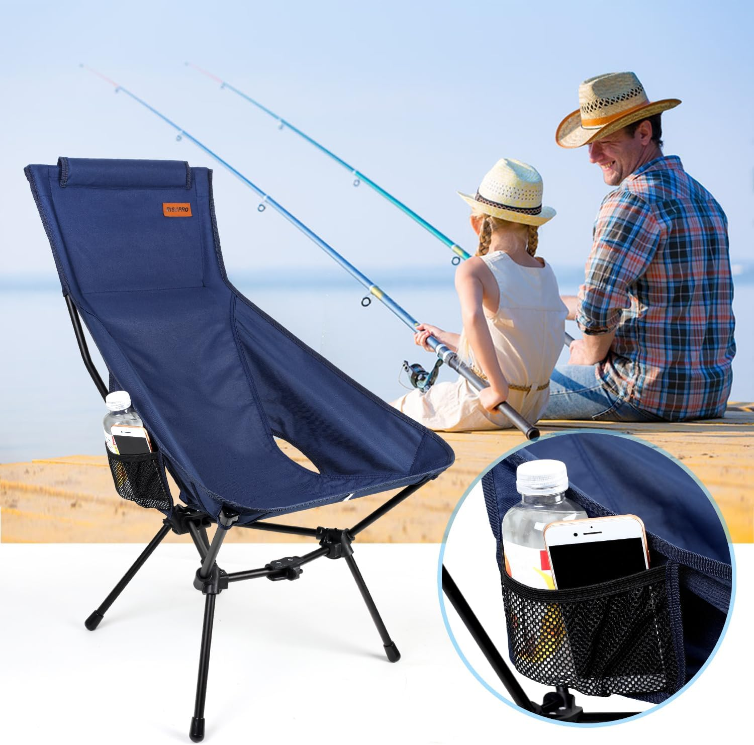 RISEPRO Upgraded Outdoor Camping Chair Portable Lightweight High Back Folding Camp Chairs with Sturdy Triangular Structure & 2-Sided Pocket for Outdoor Backpacking Hiking Travel Picnic Fishing Blue image number 3