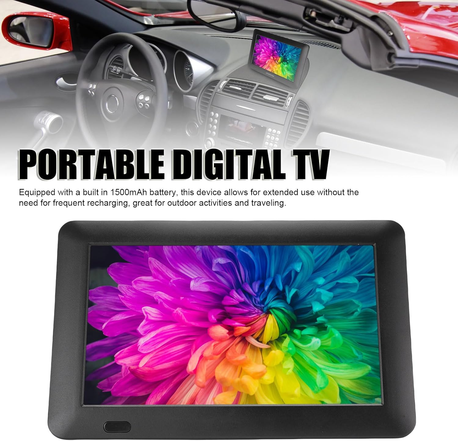 9-Inch Portable TV with Remote Control, 800X480 Resolution Color TFT-LED Display Monitor Rechargeable Digital TV, with Power Adapter & 12Volt Car Charge for Car Camping Kitchen