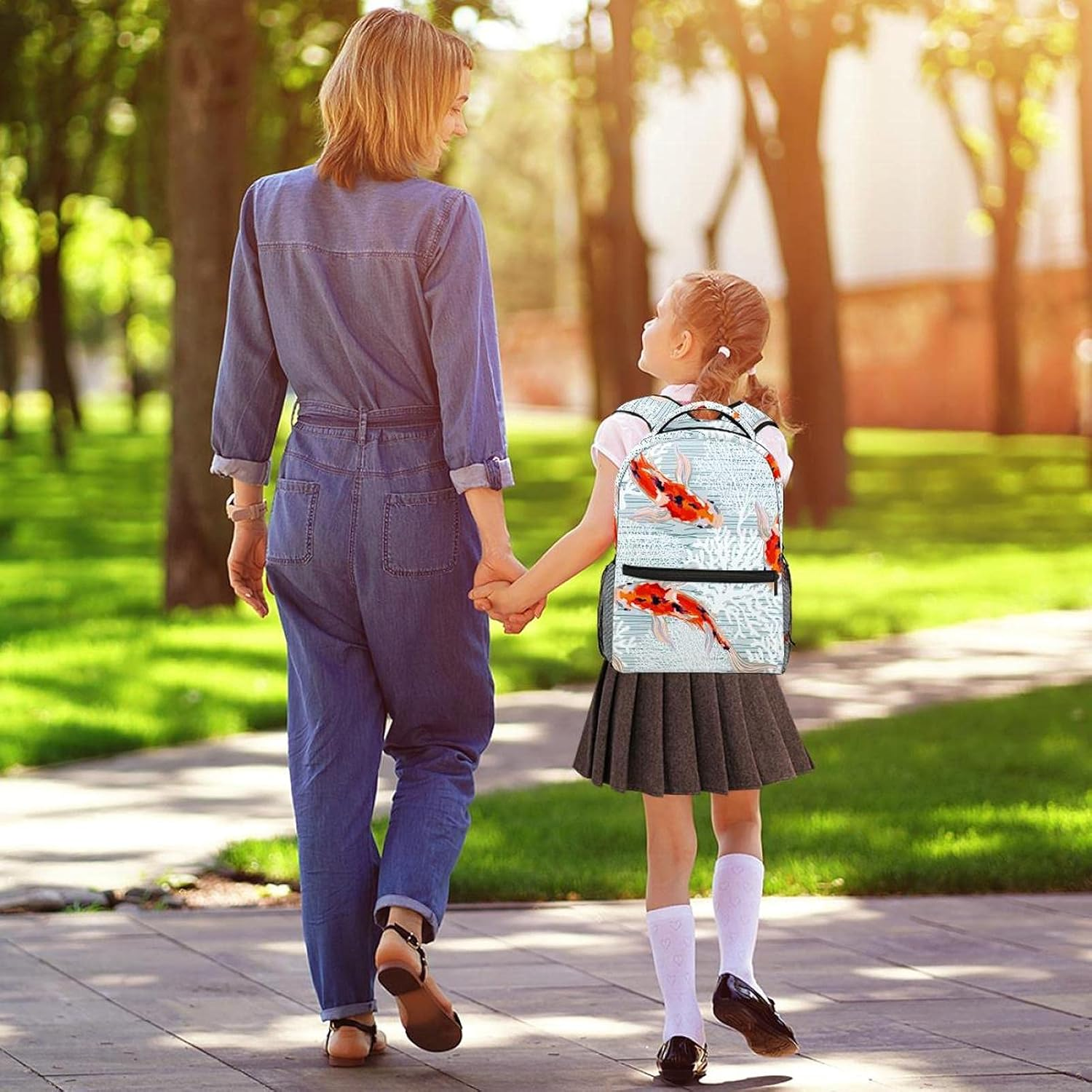 Spring Summer Background with Koi Fish, Corals Backpack Students Shoulder Bags Travel Bag College School Tote Backpacks image number 4