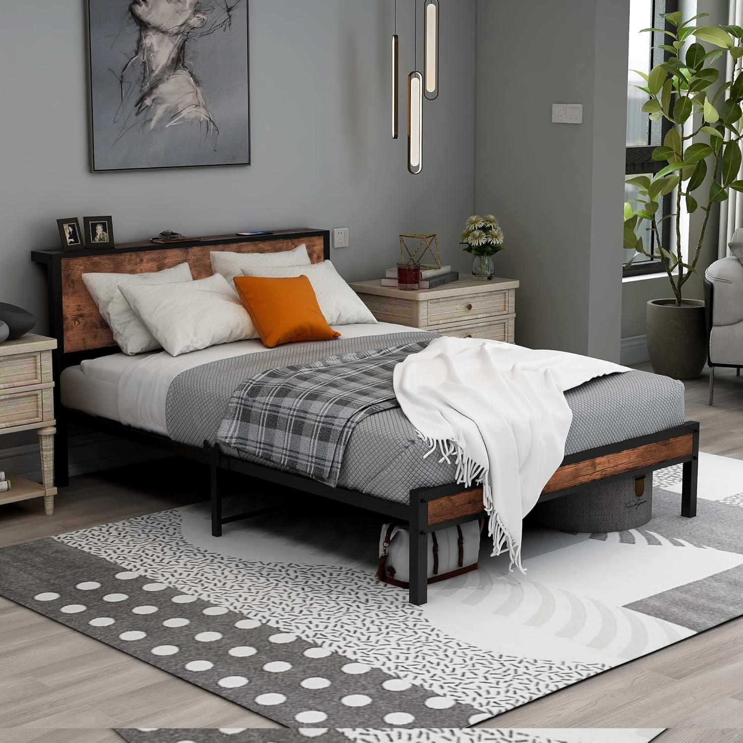 Diolong Double Bed Frame with Storage Headboard Platform Bed Frame Double Size, Metal Bed Base, Brown image number 6