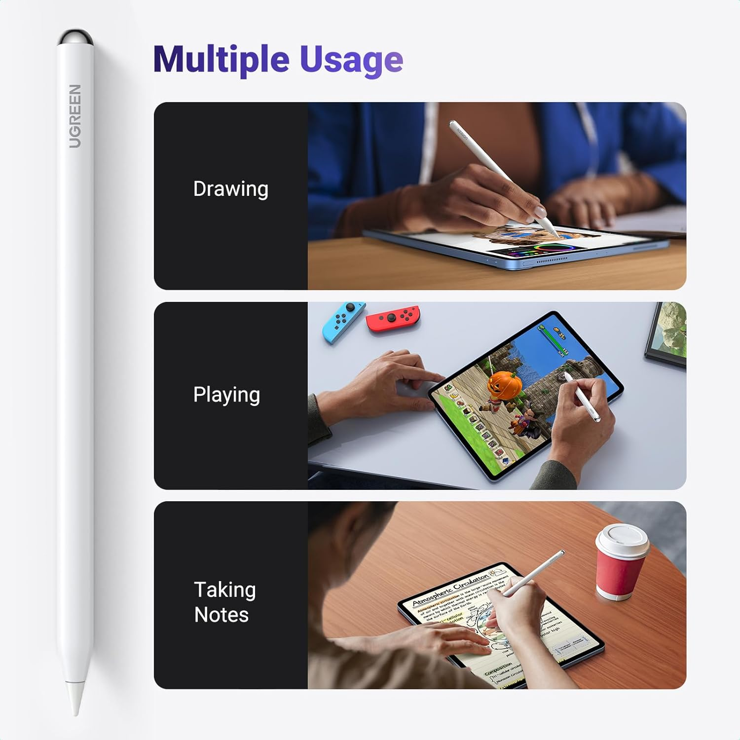 UGREEN Stylus Pencil 2Nd Generation, Magnetic Wireless Charging, Perfect Precision for Note-Taking, Drawing, Compatible with Ipad Air 3/4/5/6 12.9'', Ipad Pro 11", White image number 4