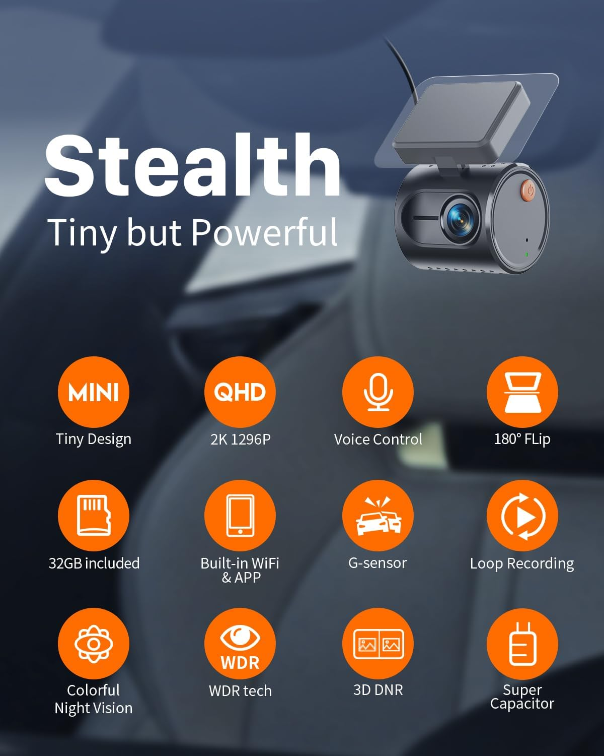 KAWA 2K Tiny Dash Cam, 1296P QHD Mini Car Camera Dashcam - Voice Control, G -Sensor, Free 32GB TF Card, Built-In Wifi, APP Control, WDR/3D DNR with Super Night Vision, 24H Parking Mode image number 4