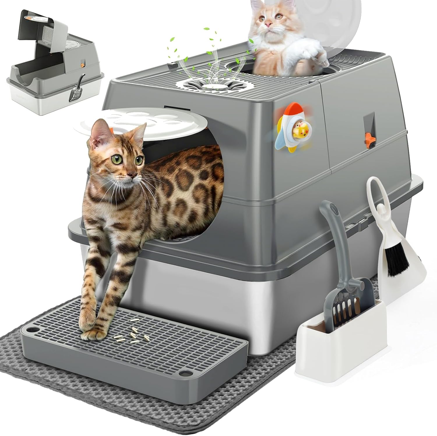 Extra Large Stainless Steel Litter Box with Lid 60L X 40W X 39H CM Cat Litter Tray with Quick Clean Flip-Top Enclosed Cat Litter Box with Litter Scoop Footboard and Mat Non-Sticky Odor-Resistant image number 2