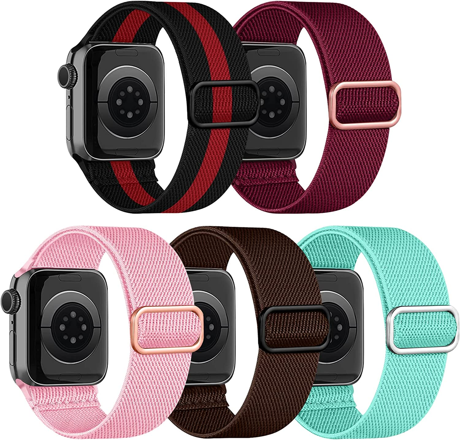 Chinbersky 5 Pack Watch Straps Compatible with Apple Watch Strap 38Mm 40Mm 41Mm 42Mm 44Mm 45Mm, Braided Elastic Stretchy Nylon Sport Solo Loop Band Replacement Straps for Iwatch Series 7/6/5/4/3/2/1