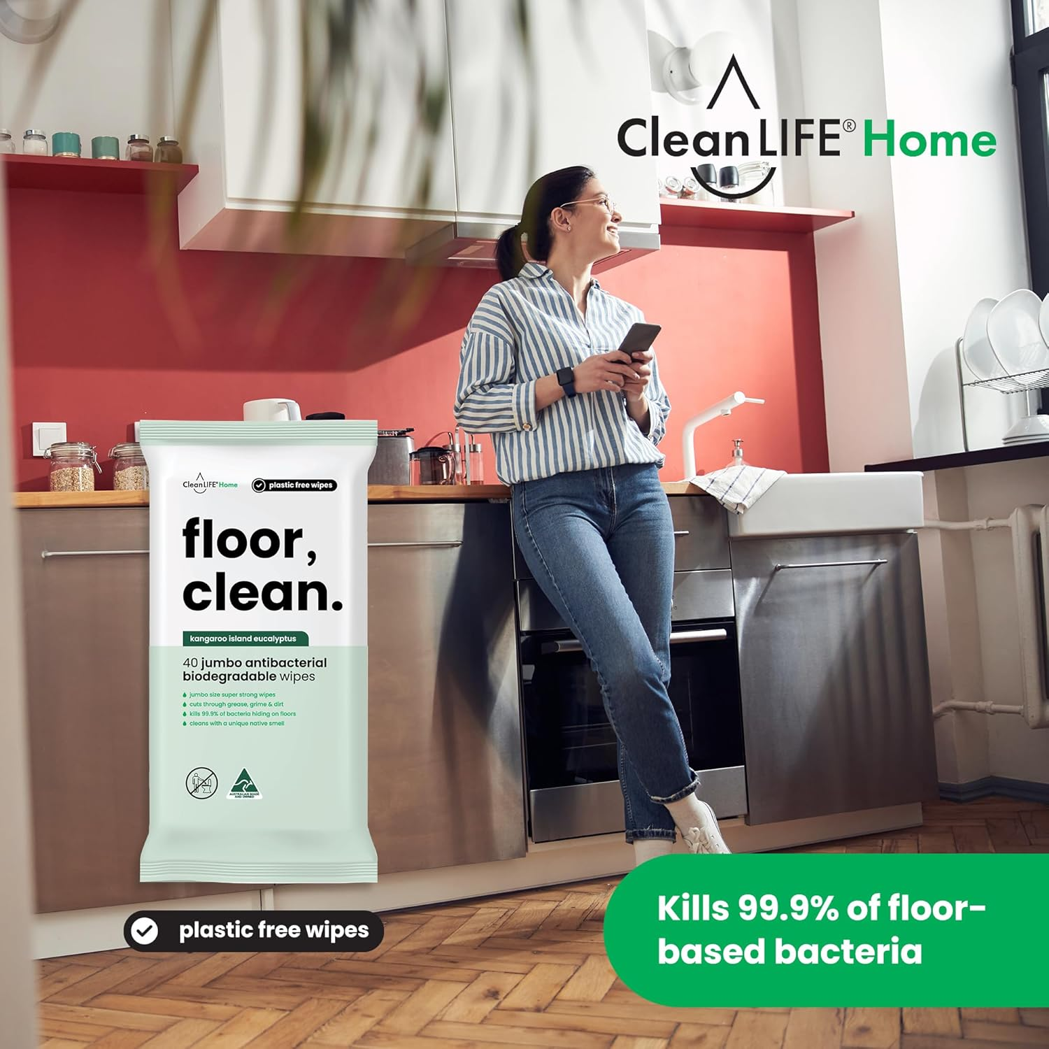 Cleanlife Disinfecting Floor Wipes - Biodegradable Plant-Based Wet Pads, Mop-Compatible Quick Sanitising, Disinfectant Cleaner, 40 Wipes Pack image number 2