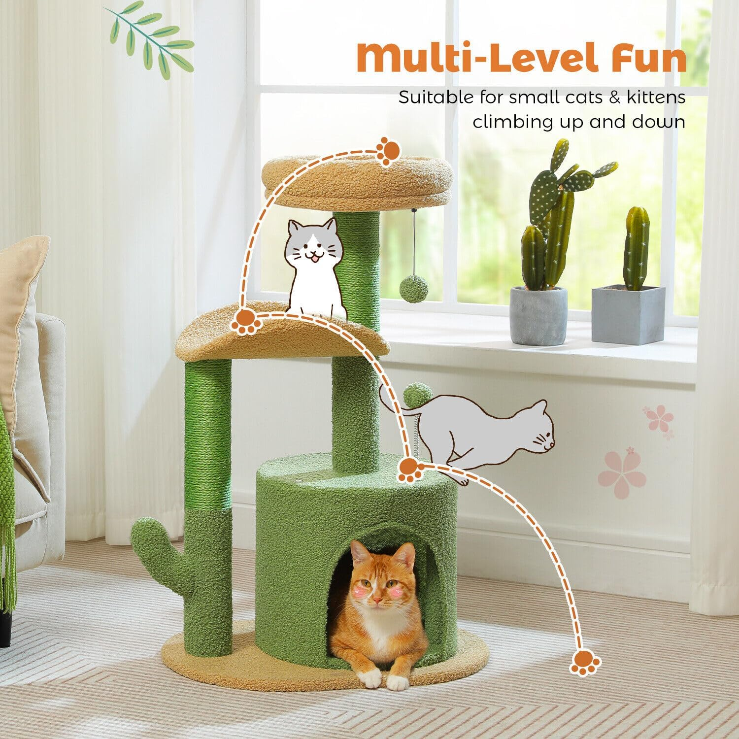 PAWZ Road Cat Tree 32 Inches Cactus Cat Tower with Sisal Covered Scratching Post, Cozy Condo, Plush Perches and Fluffy Balls for Indoor Cats,Green image number 1