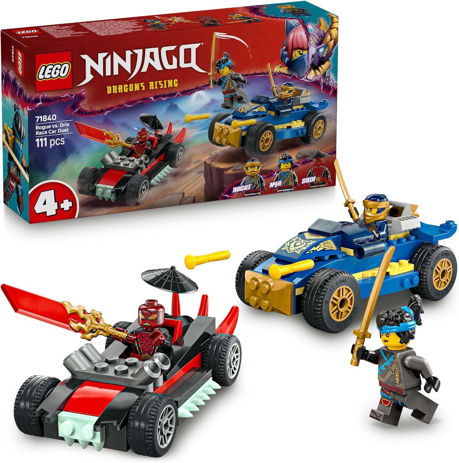 LEGO&reg; NINJAGO&reg; Rogue Vs. Drix Race Car Duel 71840 Ninja Toy Playset with 3 Minifigures, 2 Racing Cars, 2 Ninja Katanas and Reveal Blade, Small Toy for Kids, Boys and Girls Aged 4 Years Old and Up image number 4