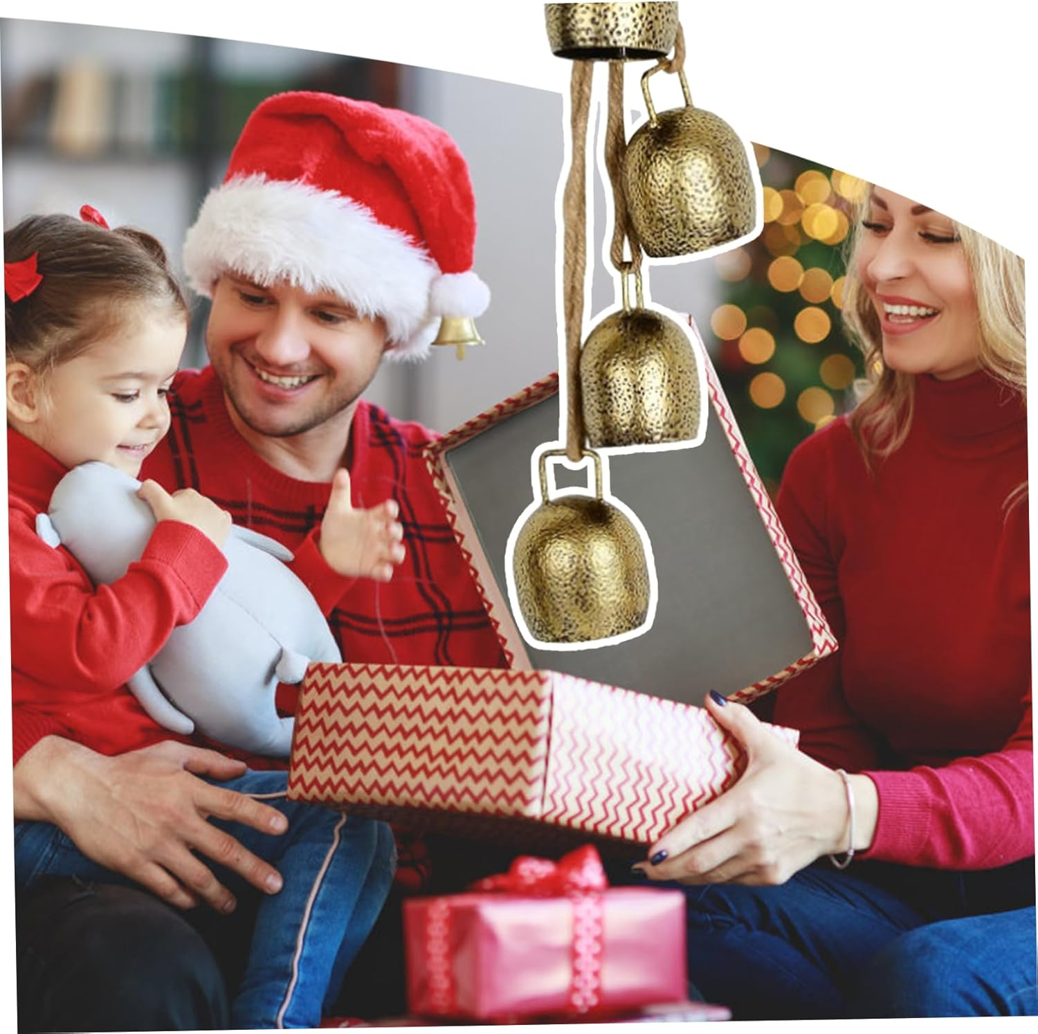 Christmas Bells Gold 42Cm Vintage Xmas Tree Decorations 4 Bells Rustic Hanging Cow Bells with Rope Bell for Door Garden Home Decor Lucky round Witch Bells image number 6