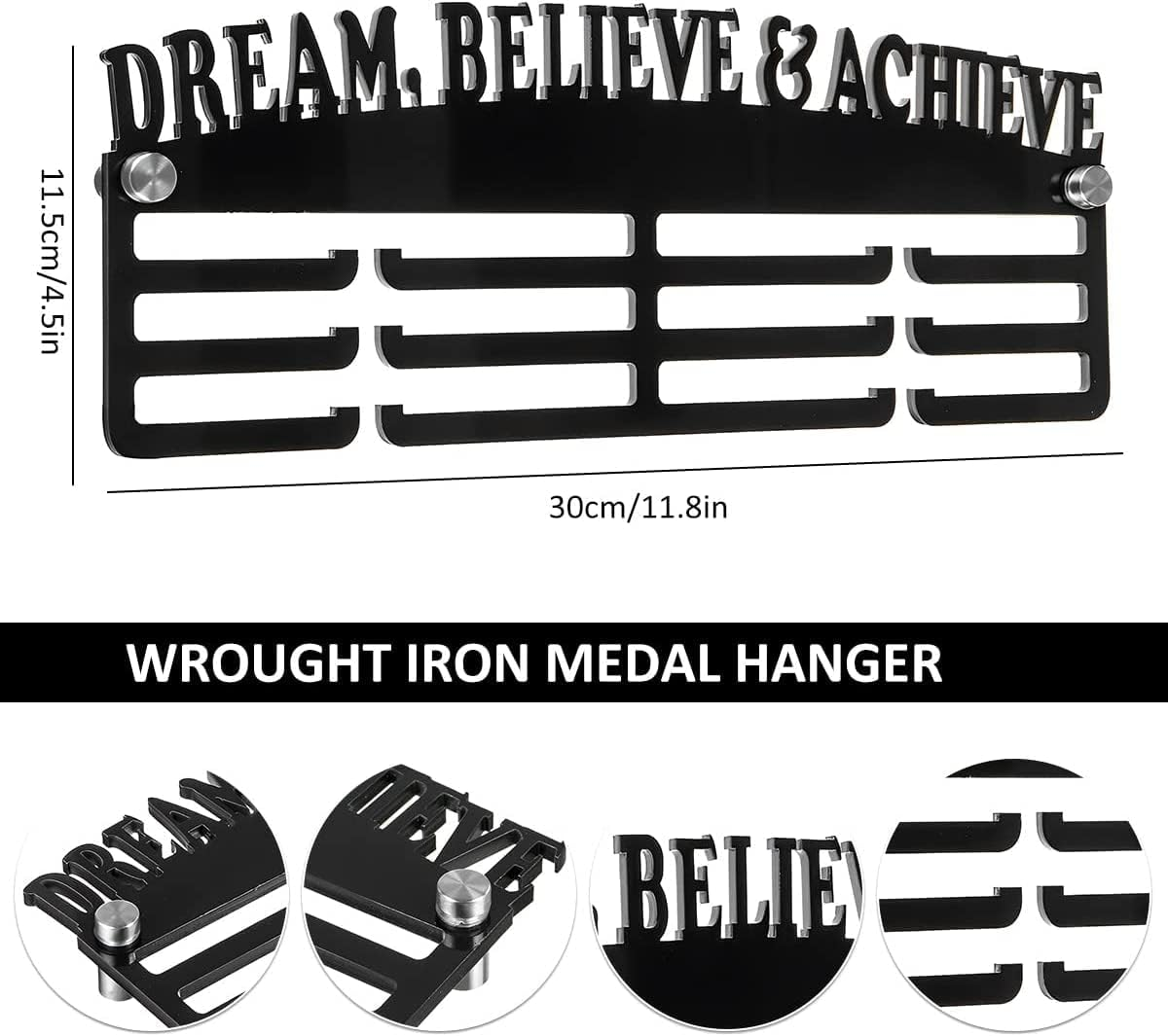 Medal Display Hanger, Wall Mounted Acrylic Medal Display Rack, Decorative Black Medal Holder with Inspirational Words Memorial Medal Hanger for Living Room Bedroom image number 1