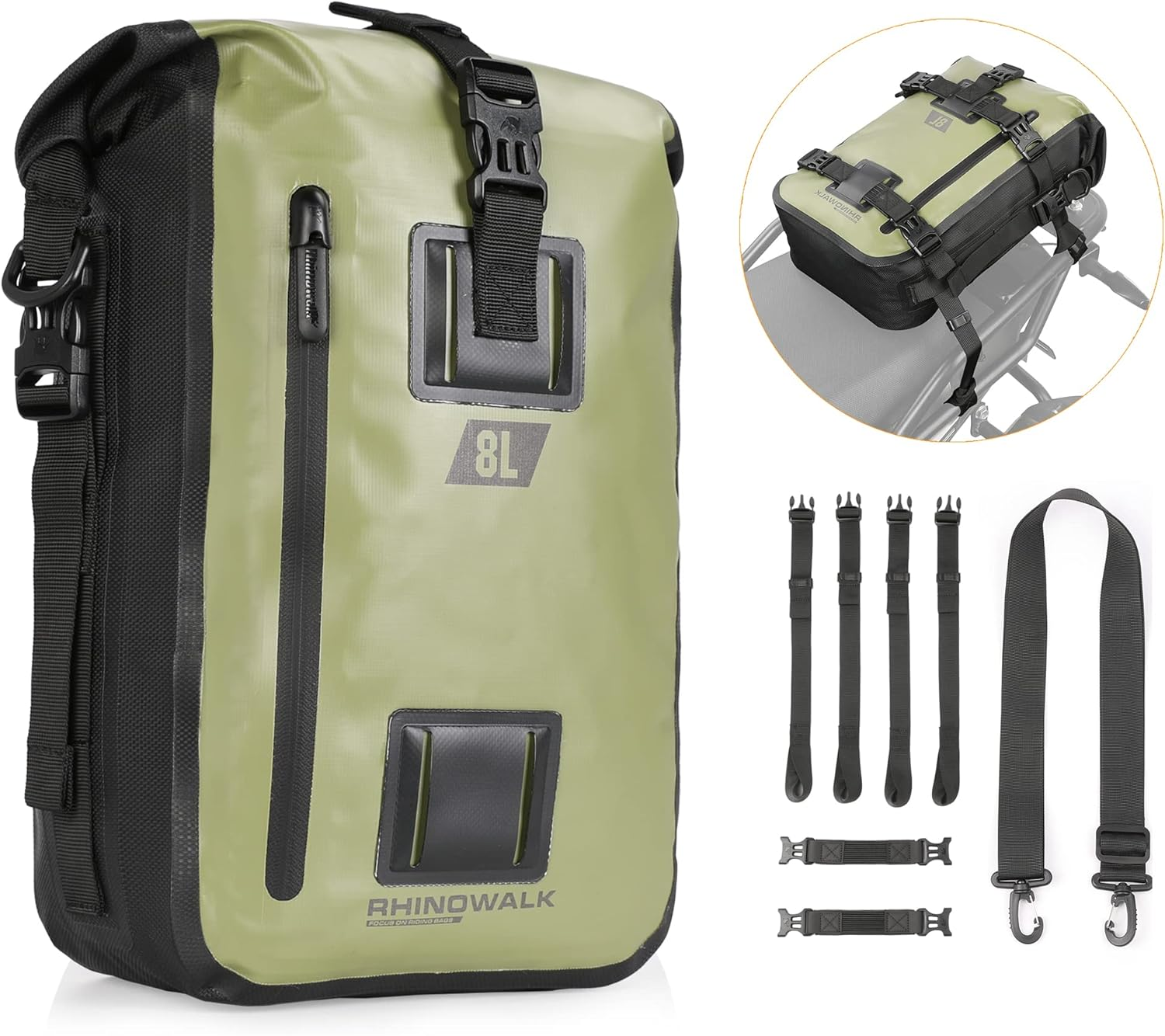 Motorcycle Tail Bag, Rear Seat Bag, Backpack, Luggage - Rhinowalk Multifunctional Waterproof Rear Rack Trunk Seat Bag, Army Green 8L image number 1