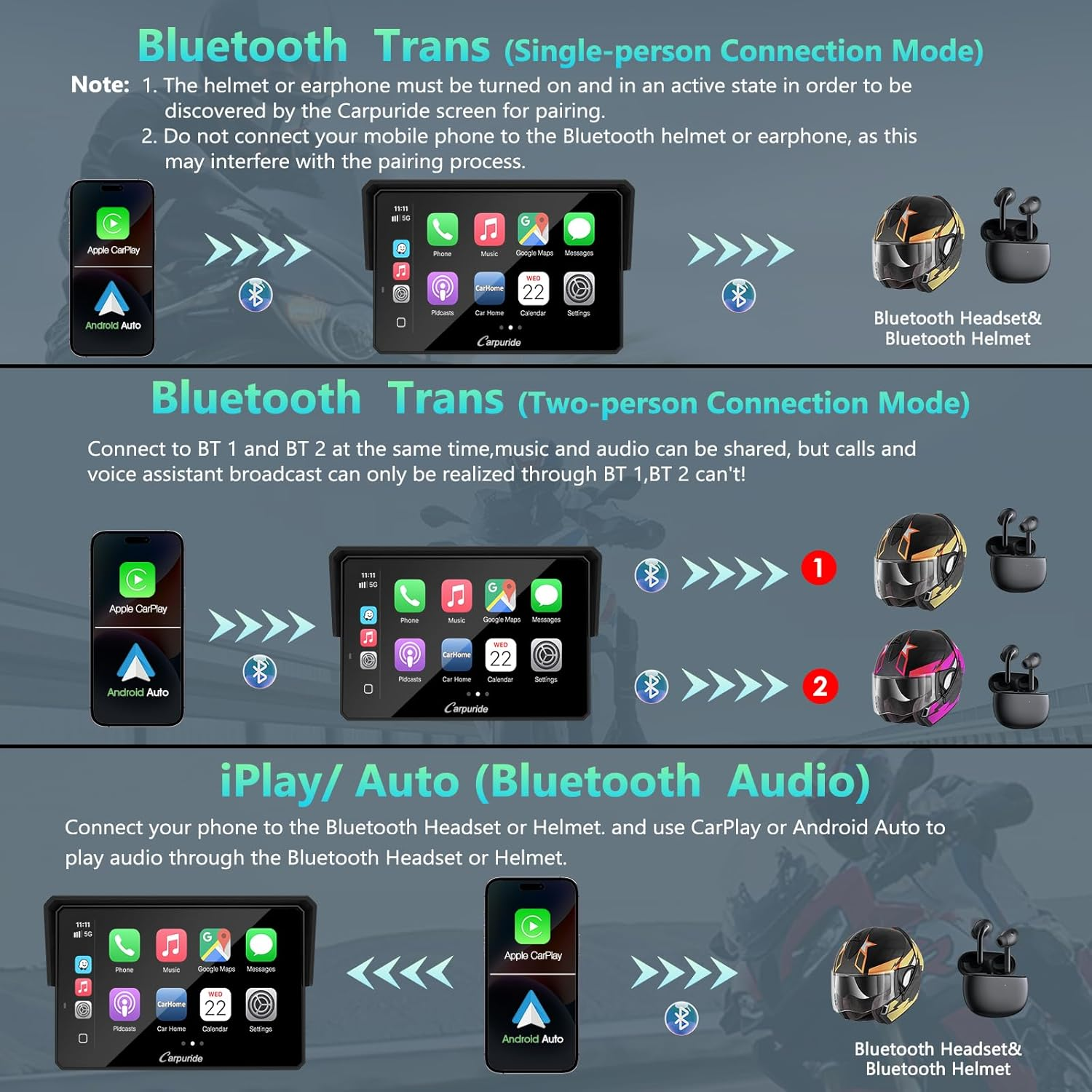 CARPURIDE W502BS PRO for BMW Motorcycle Carplay & Android Auto Dual Bluetooth, 5" Waterproof GPS Navigation Screen, Data Reading, Native Wonder, TPMS, Light Sensor, Music Sharing, Intercom, 16-Pin image number 4