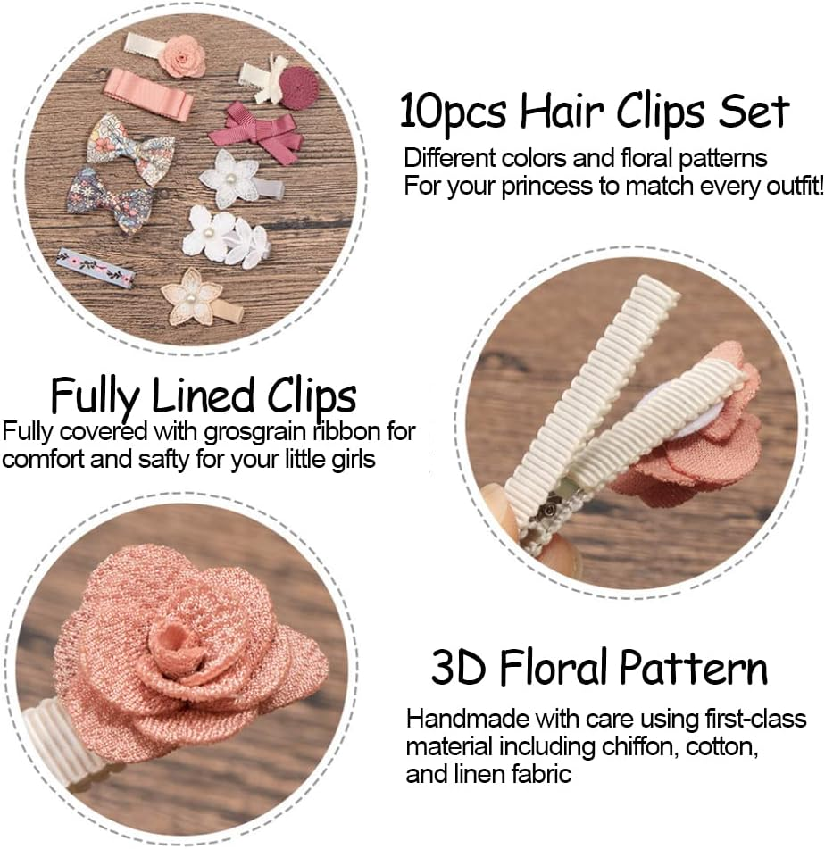 10Pcs Baby Girls Hair Clips Full Lined Alligator Clip Floral Bow Barrettes Handmade Hair Accessories for Newborn Infant Toddler Kids image number 3