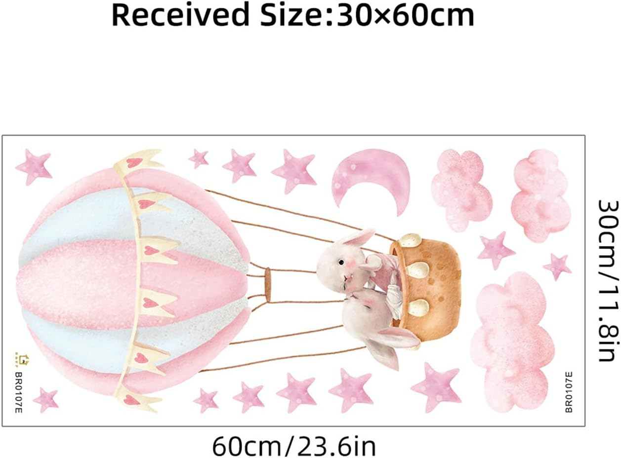 Pink Cloud Hot Air Balloon Rabbit Wall Decal Cute Bunny Moon and Stars Wall Stickers Baby Girls Room Nursery Decor