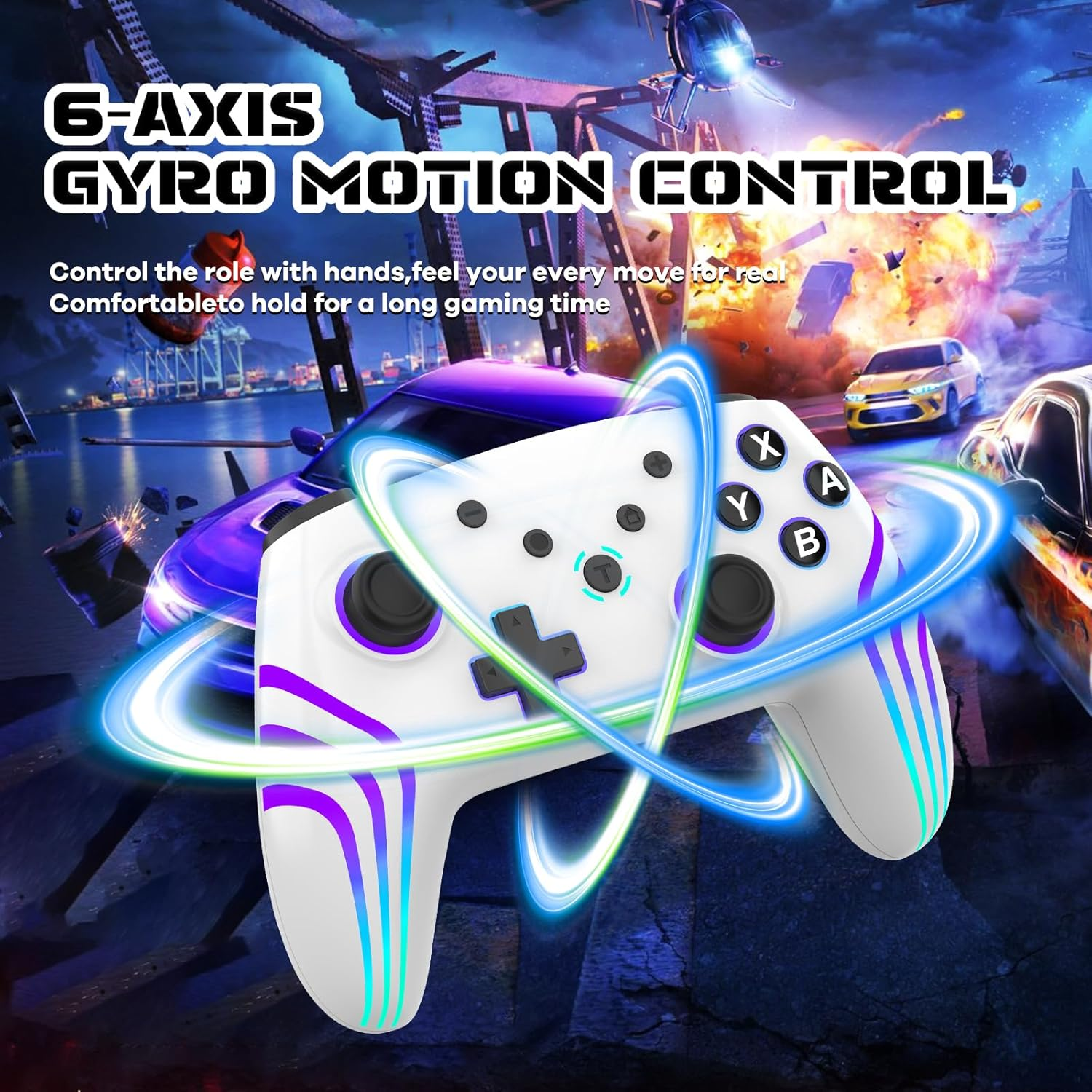 Wireless Controller for Switch/Switch 2/Lite/Oled/Pc, Gamepad with 7 Color Changing RGB Lighting/Dual Vibration/6 Axis Gyroscope/Turbo, White