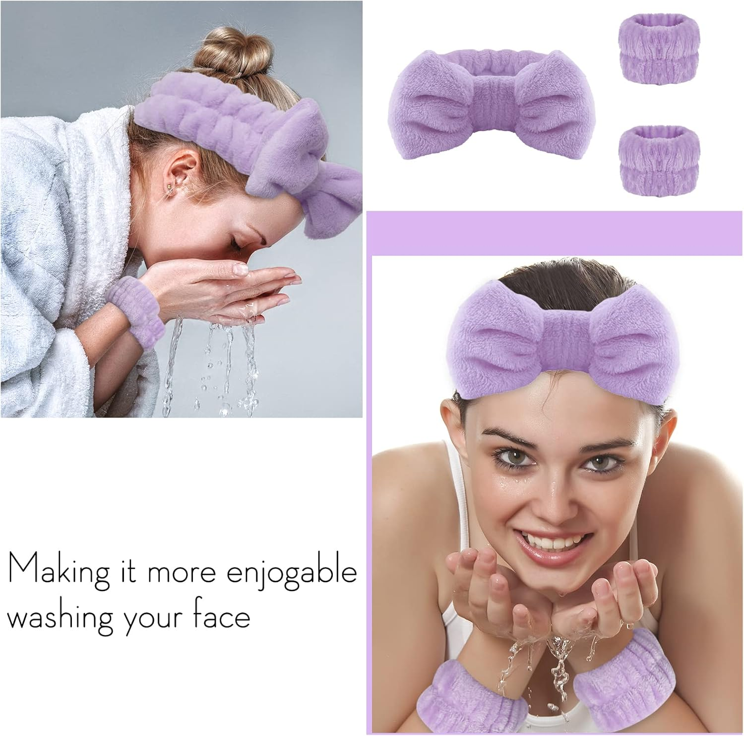 WSYUB Spa Headband, Wristbands, Headband for Washing Face, 2Pcs Wristlets for Sleeves Dry, Make up Headband,Purple image number 6
