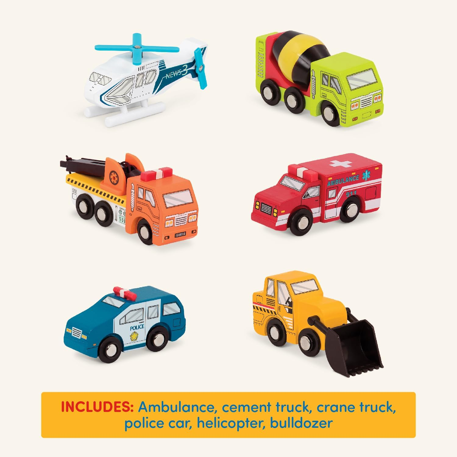 Battat - Wooden Vehicles &ndash; Miniature Wooden Toys, Including Toy Cars, Toy Trucks, Toy Helicopter & Ambulance, for Kids Age 3-Year-Old & up (6-Pcs) BT2635Z image number 3