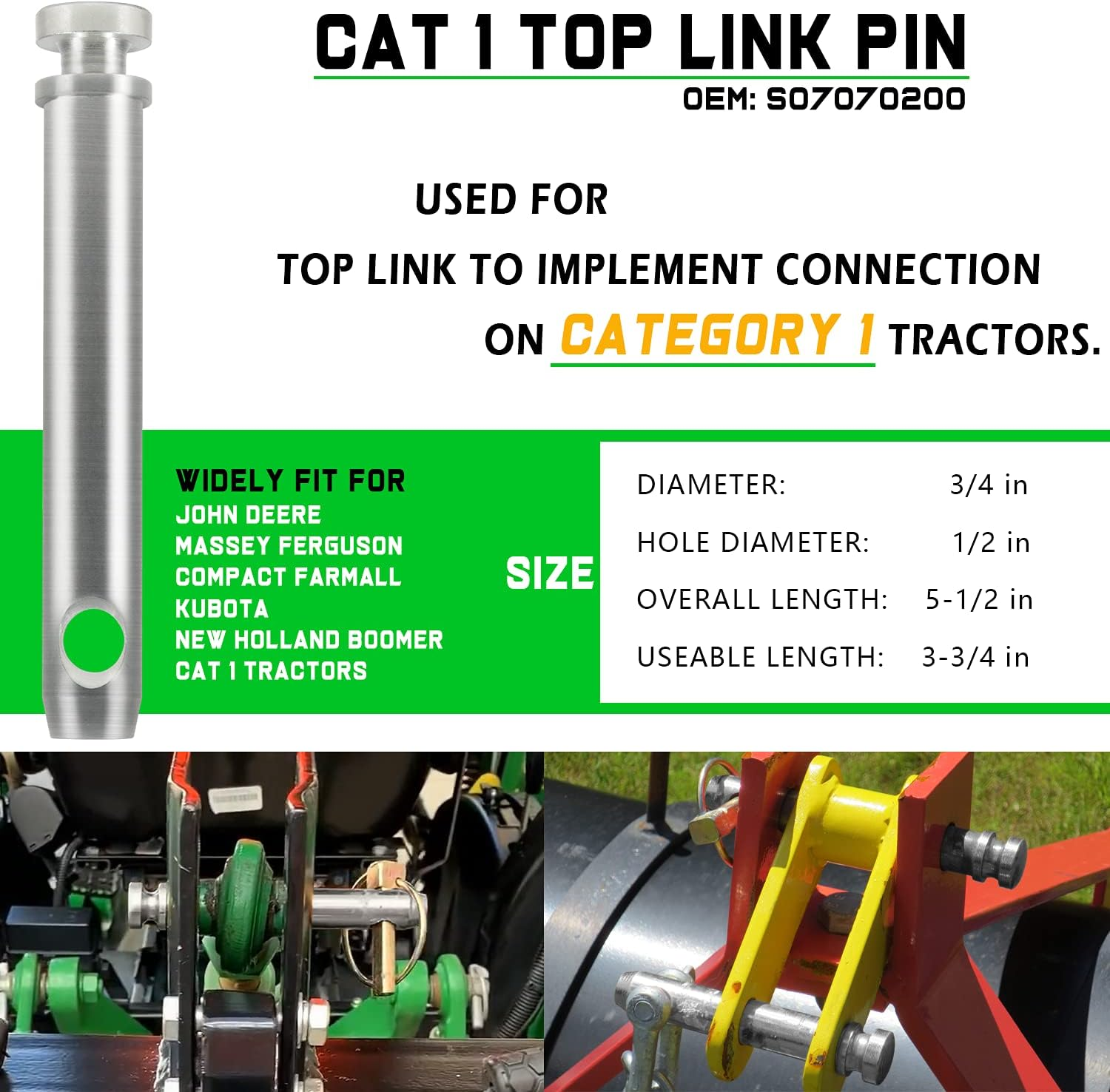 Cat 1 Quick Hitch Adapter Bushing Kit and S07070200 Cat 1 Top Link Pin Fits Category I 3-Point Hitch Tractors image number 2