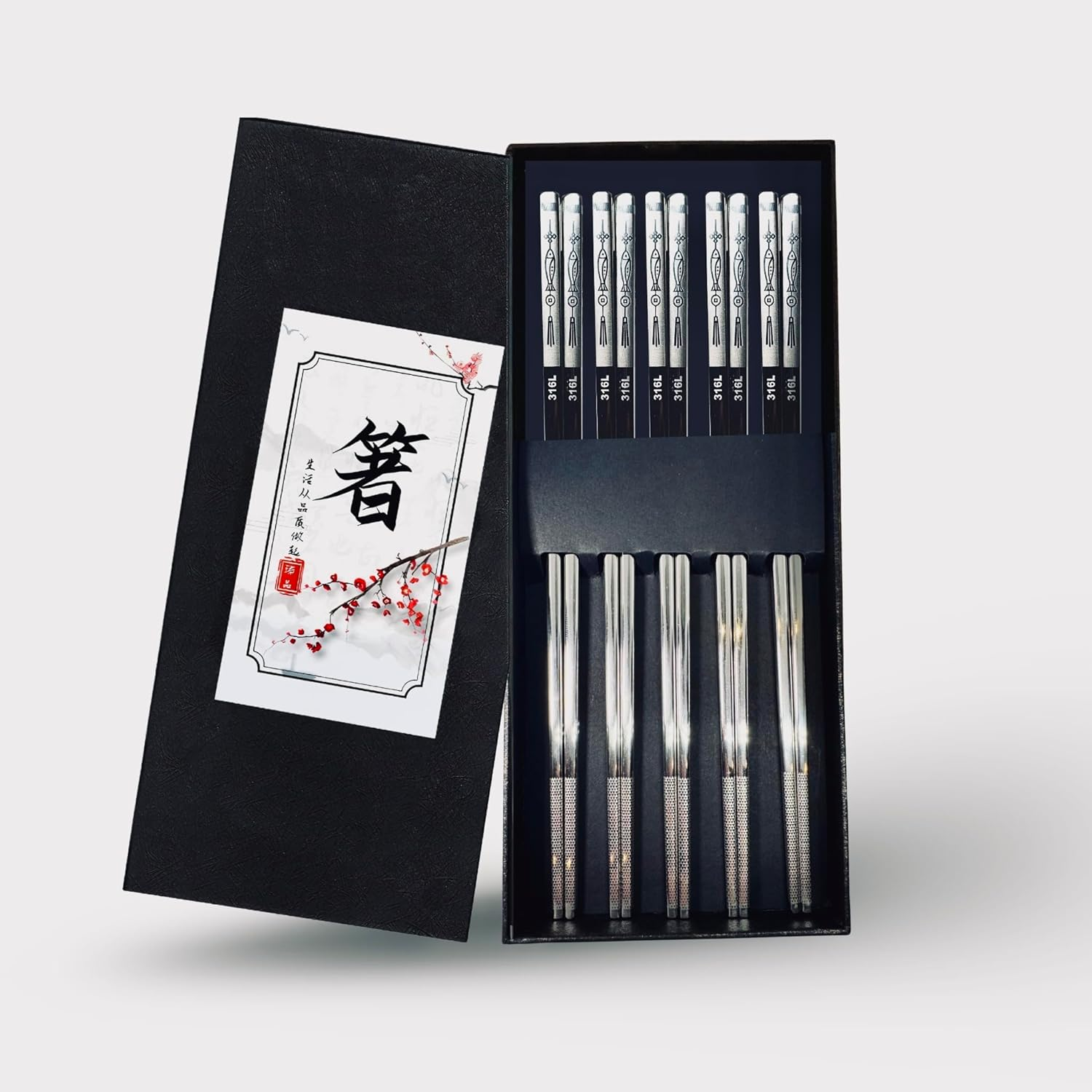 PUKU Lumina&trade;-Elite 18/10 Silver Stainless Steel Chopsticks Set (5 Pairs) &ndash; Reusable 316L Metal Chopsticks, Engraved Non-Slip Tips, Square Anti-Roll Design, Rust-Resistant, Dishwasher Safe, Gift-Boxed image number 5