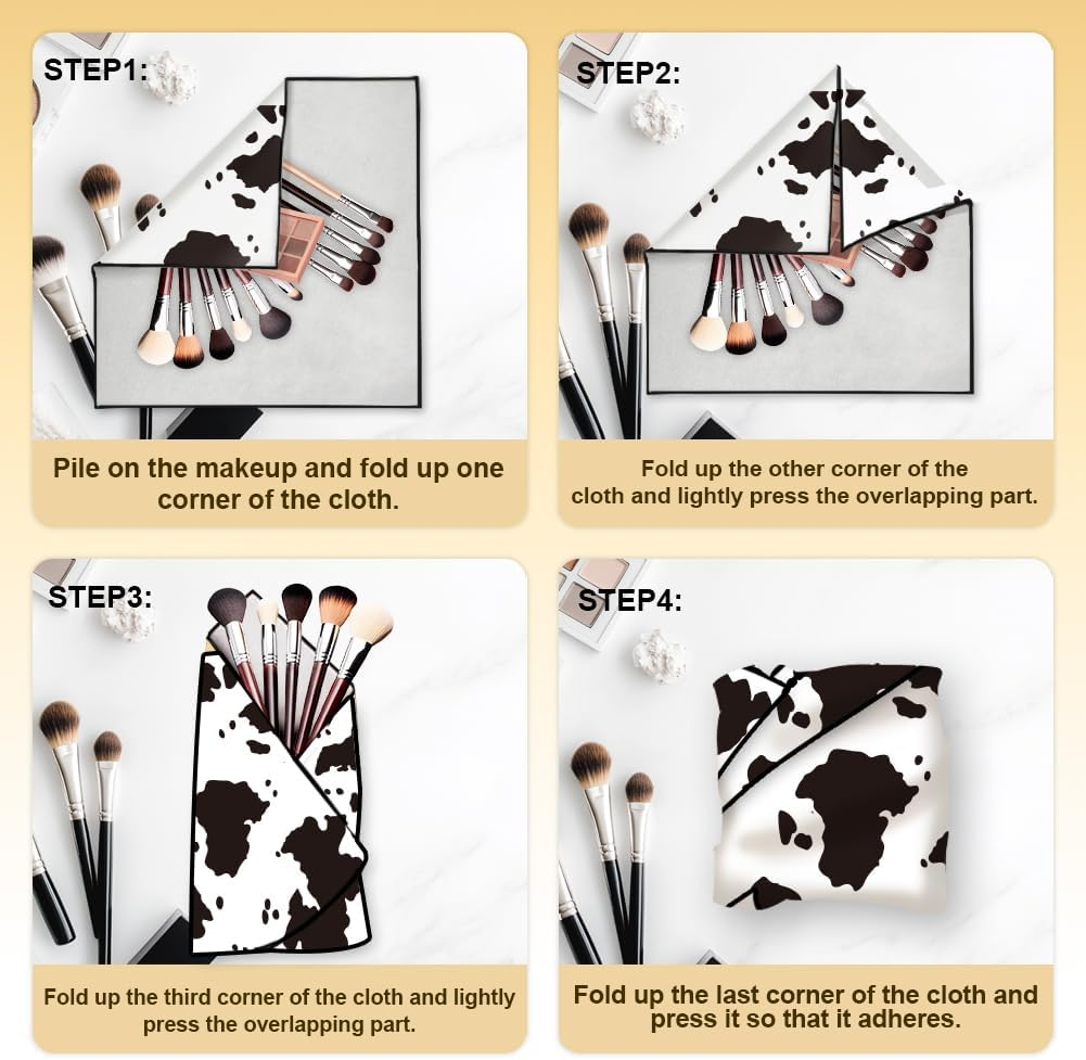 Doodlream 2 Sheets Self-Adhesive Magic Cloth Cow Print Travel Makeup Bag Organizer & Scratch-Resistant Camera Lens Protective Wrap, Reusable Portable Cosmetic Pouch (50X50Cm/35X35Cm), Black and White image number 5