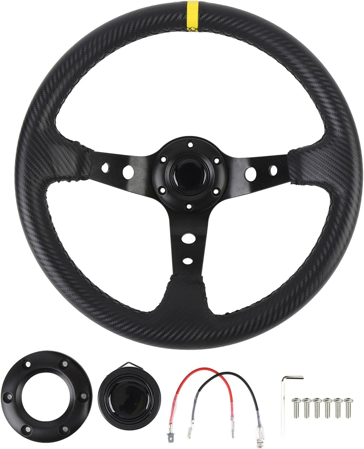 Jiawu 14In Blue Universal Car Racing Steering Wheel, Pvc+Aluminum, Carbon Fiber Look, Compatible with Passenger Car, Truck, SUV, Van