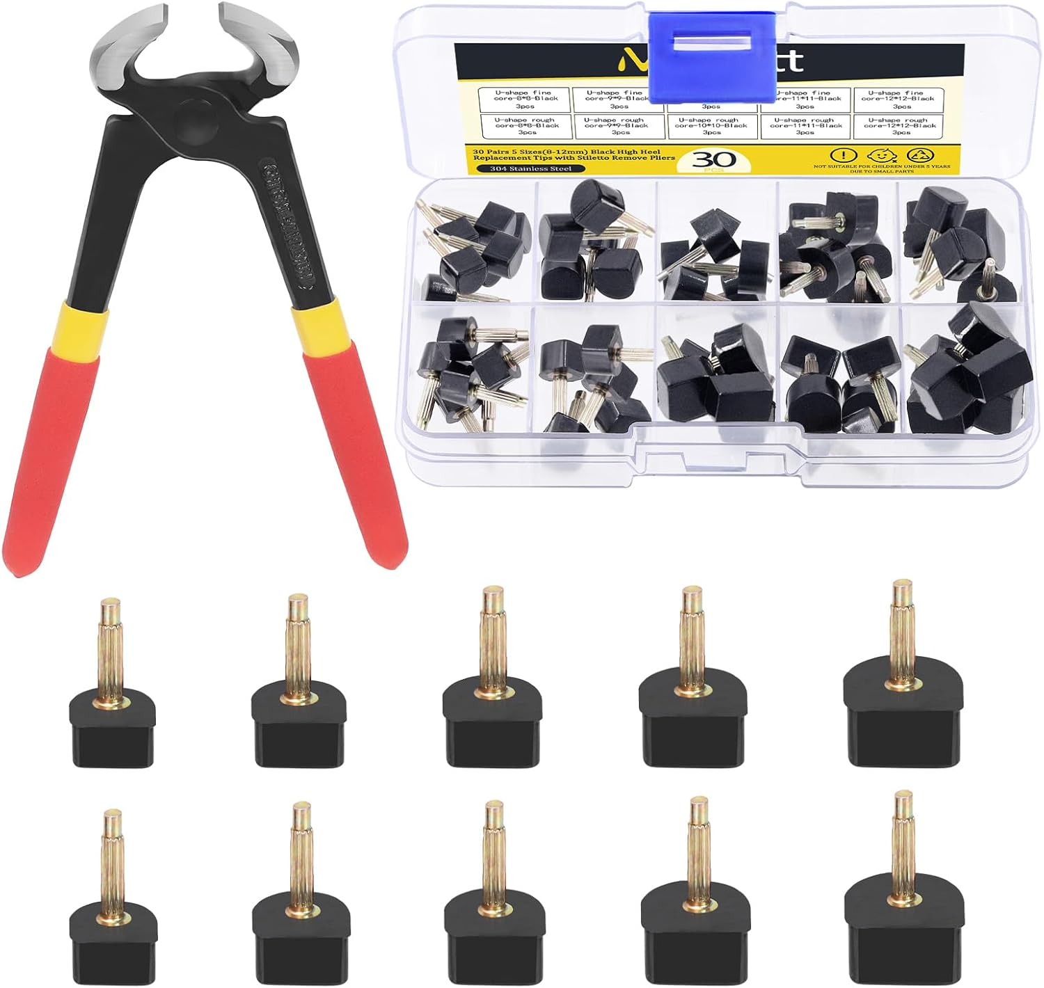 30 Pairs 5 Sizes High Heel Replacement Tips Pin Kit with 6" Heel Caps Remove Pliers, 8/9/10/11/12Mm 2 Pins Diameter U Shape Dowels Heel Tips Shoes Heel Repair for Women image number 3