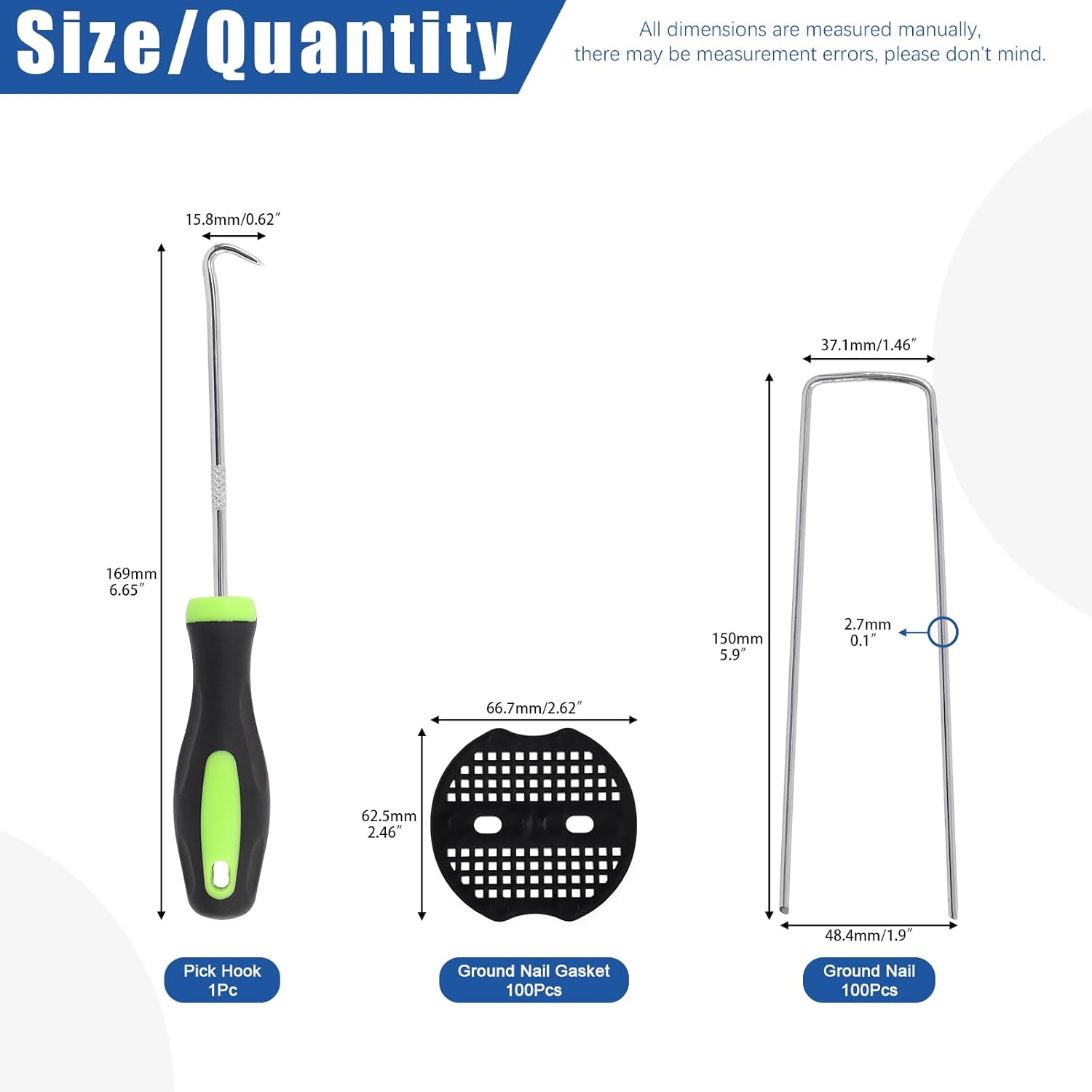 Glarks 201Pcs Garden Stakes Staples Kit, 100Pcs 6 Inch U-Shaped Landscape Staples, 100Pcs Fixing Gasket with 1Pc Pick Hook for Weed Barrier Fabric, Ground Cover, Holding Fence and Artificial Turf image number 4