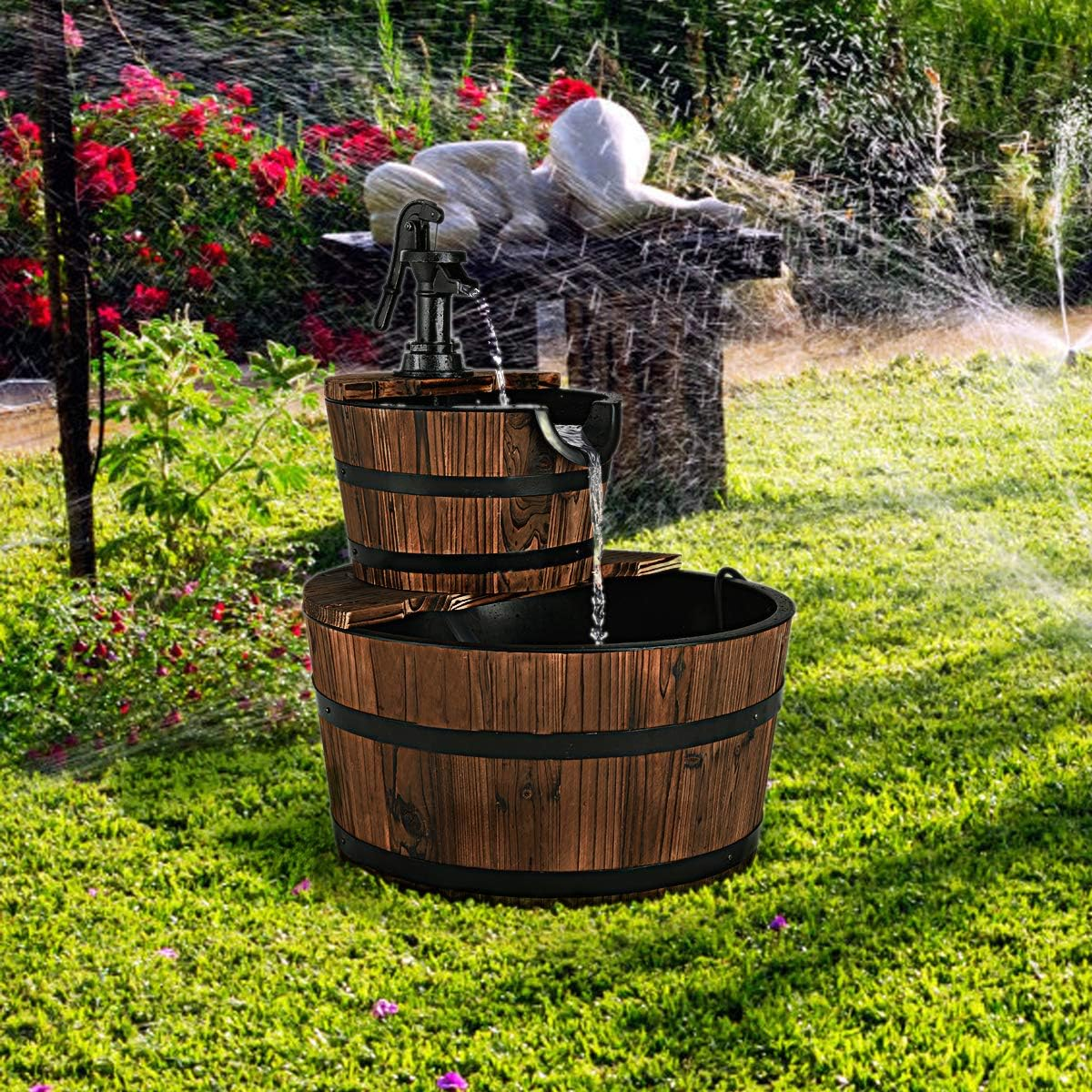 Costway 2 Tier Barrel Waterfall Fountain Barrel Wooden Water Fountain Pump Garden Patio image number 1