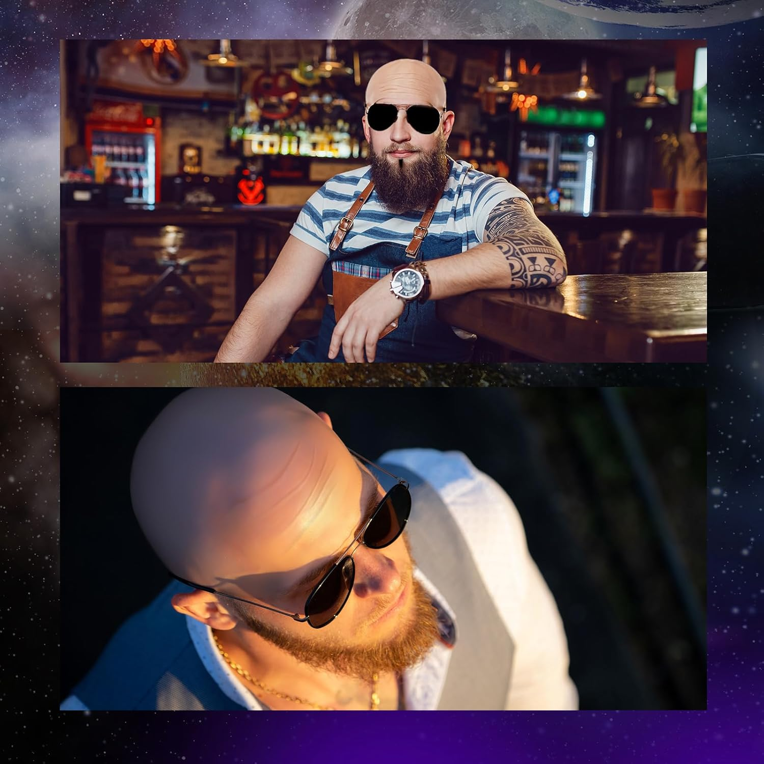 Mepase Bald Caps with Glasses for Adult Men Nylon Bald Head Wig Cap Can Be Cut for Halloween Music Festivals Concerts Cosplay image number 6