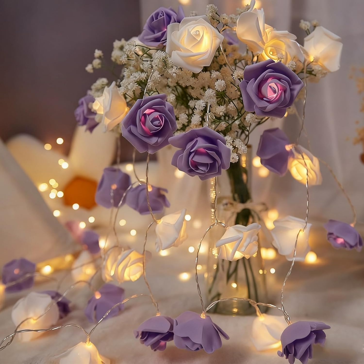 Cutitiuu Rose Flower Fairy String Lights,3.0M/30 LED Rose Fairy String Lights,Battery Powered,Bedroom Lights for Valentine'S Day Wedding Outdoor,Flower Strings Light for Wedding (Red+White) - Red image number 7