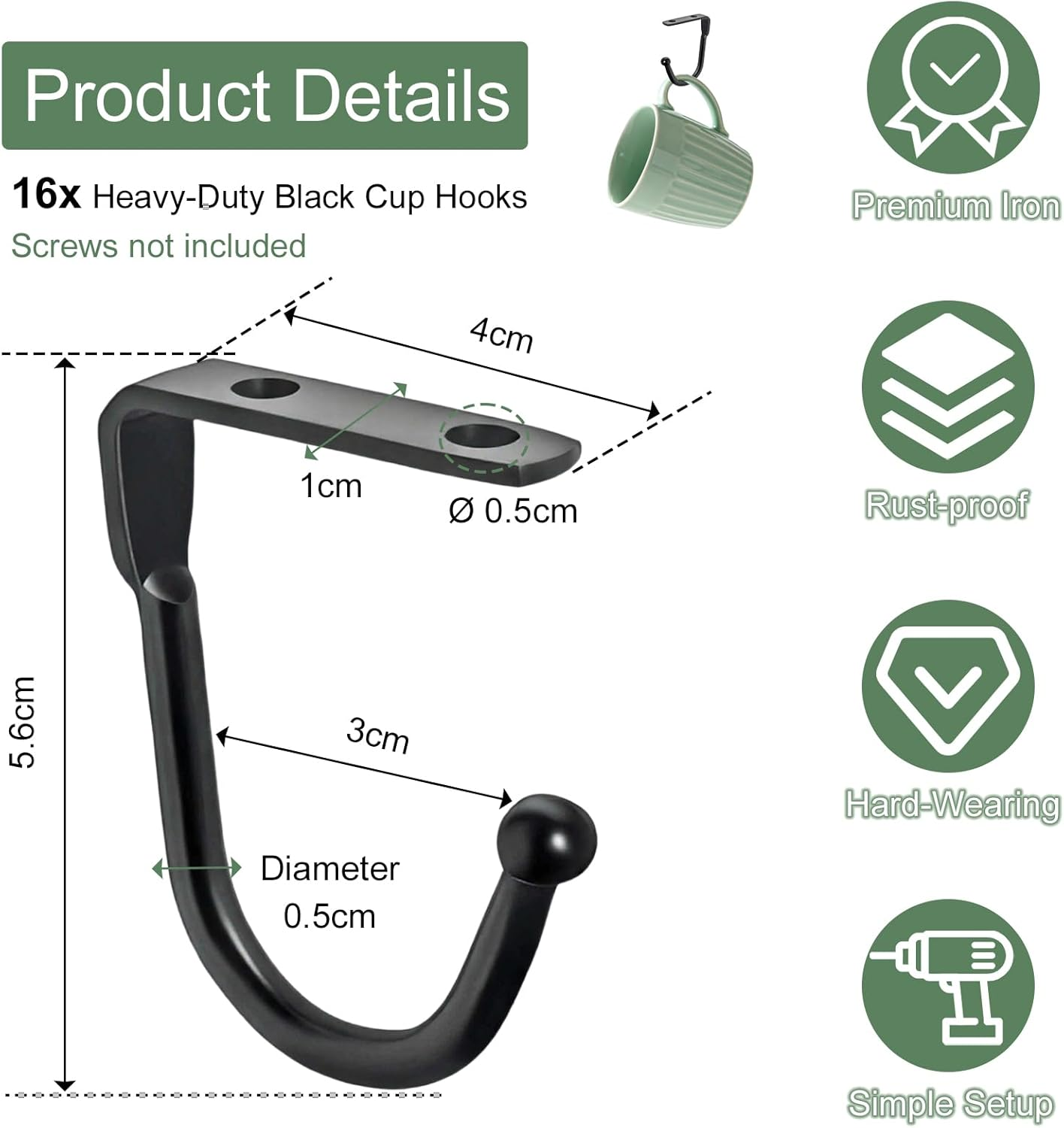 Alguirnex 16 Pcs Black Cup Hooks, Heavy Duty under Shelf Mug Hooks, Iron Curved Hooks for Kitchen Utensil Storage, Cabinet, Wardrobe & Home Organisation(Without Screws) image number 4