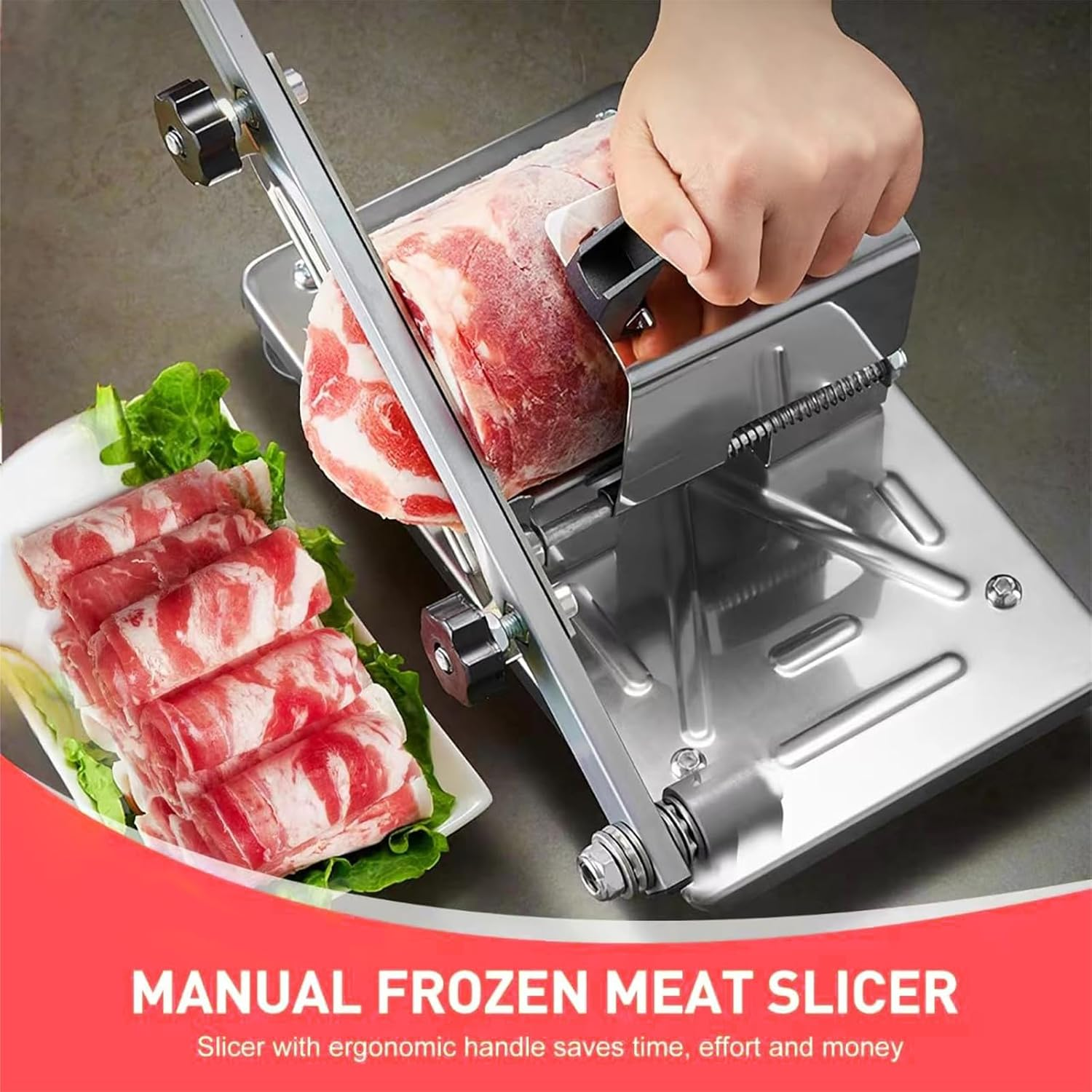 Manual Frozen Meat Slicer, Upgraded Stainless Steel Meat Cutter for Beef Mutton Bacon Home Food Slicing Machine for Hot Pot BBQ Sandwiches Pizza image number 4