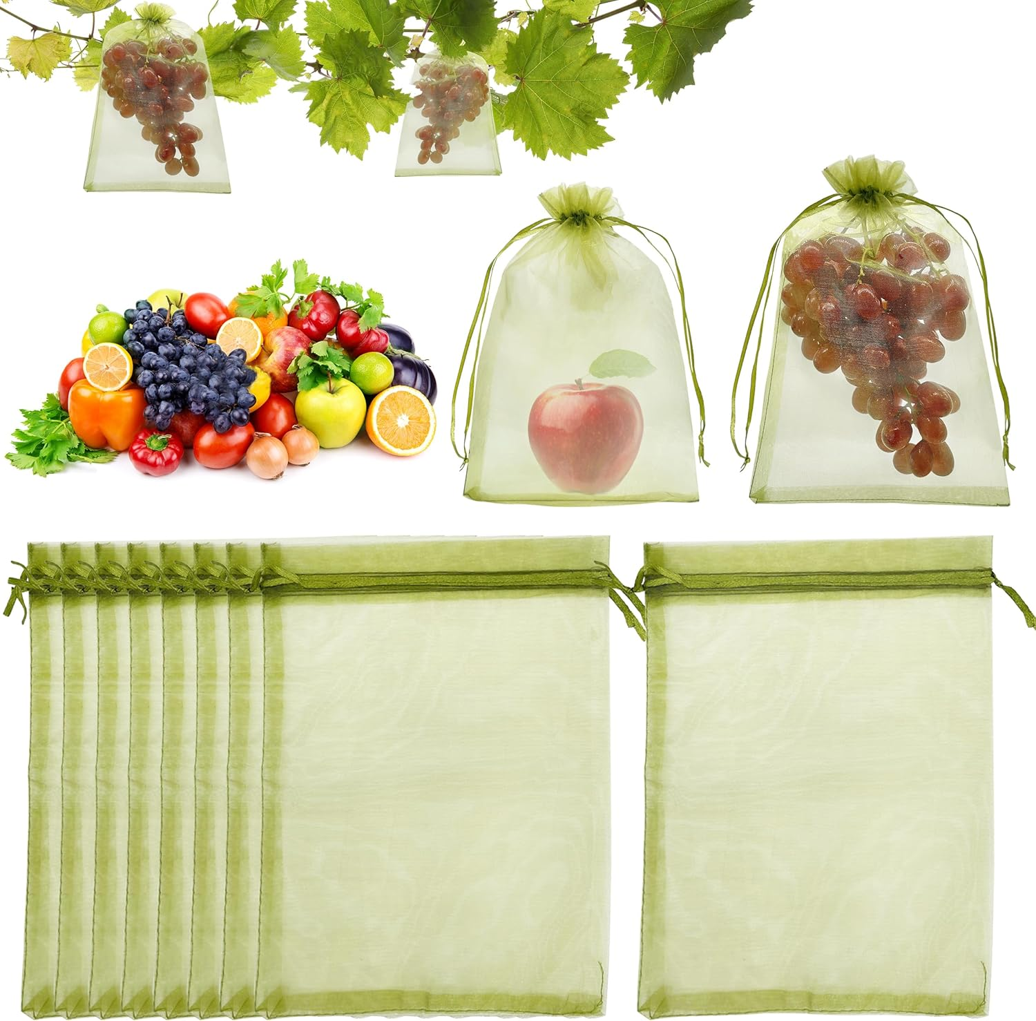 Jexila 50 Pack Fruit Protection Bags 12X16 Inch Fruit Netting Bags for Fruit Trees Fruit Cover Mesh Drawstring Bags Fruit Protectors Pest Barrier for Grapes Mango Flower Veggies Garden