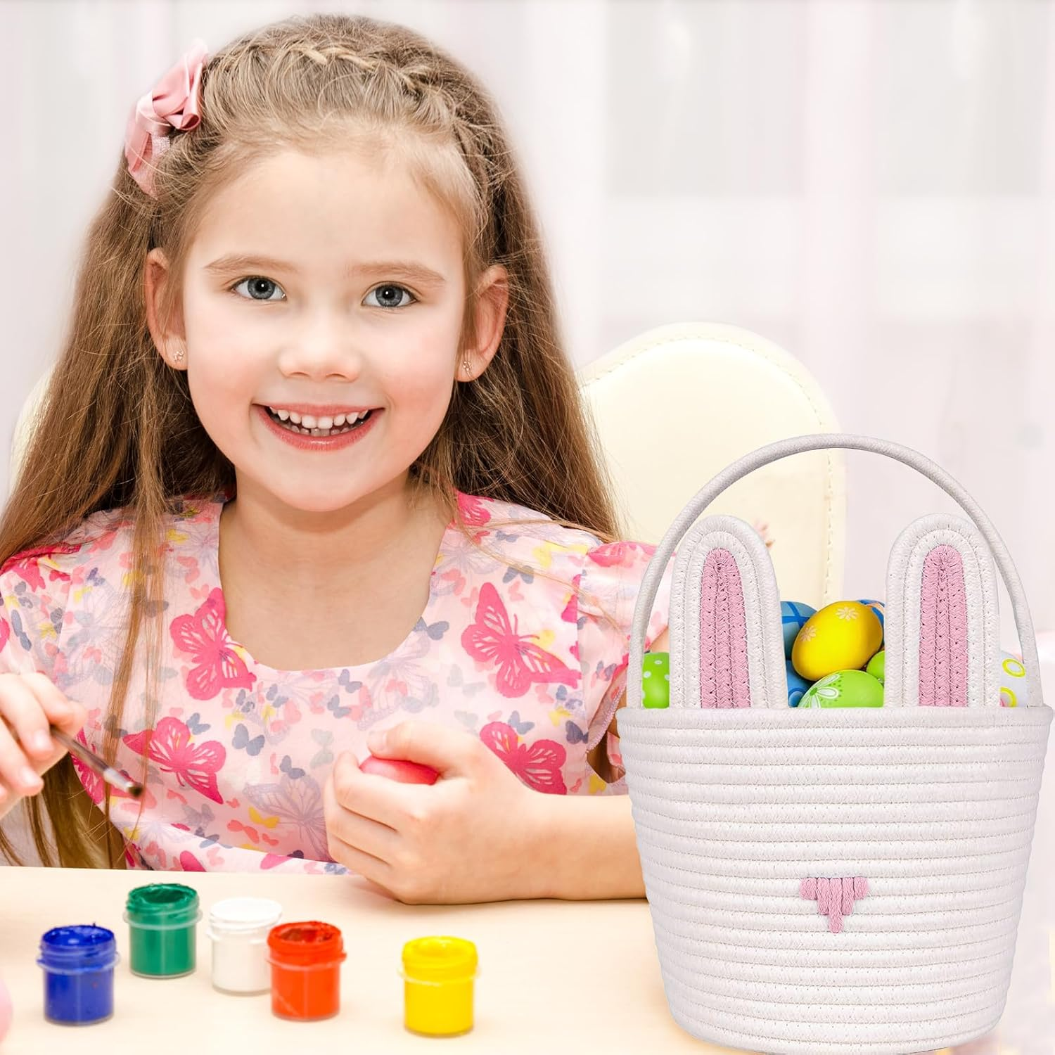 Poschnor Easter Basket for Gifts, Empty Cotton Bunny Basket Bin with Handles, Baby Toy Storage Organizer, Pink/White image number 3