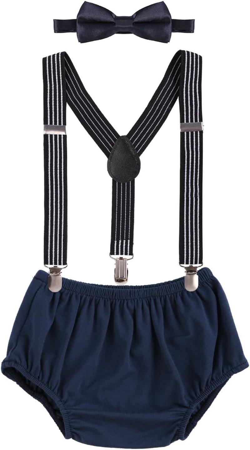 Baby Boys Cake Smash Outfit First Birthday Bloomers Bowtie Suspenders Clothes Set image number 1