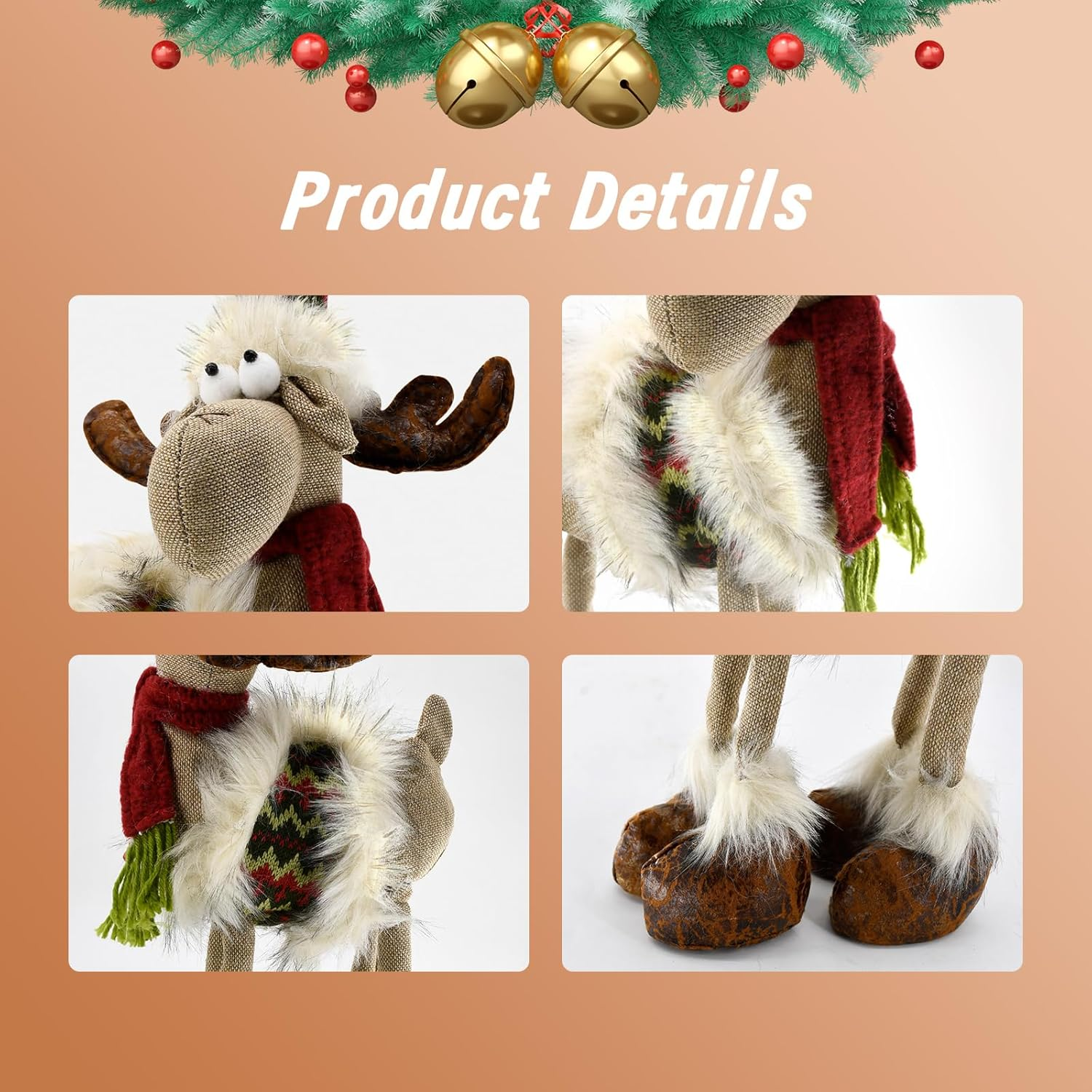 Yuqi Reindeer Christmas Decoration, Plush Xmas Deer Gnome, Handmade Swedish Santa Elk Figurines Tomte Gnome with Bell Reindeer Horns Ornaments, Home Table Decor image number 2