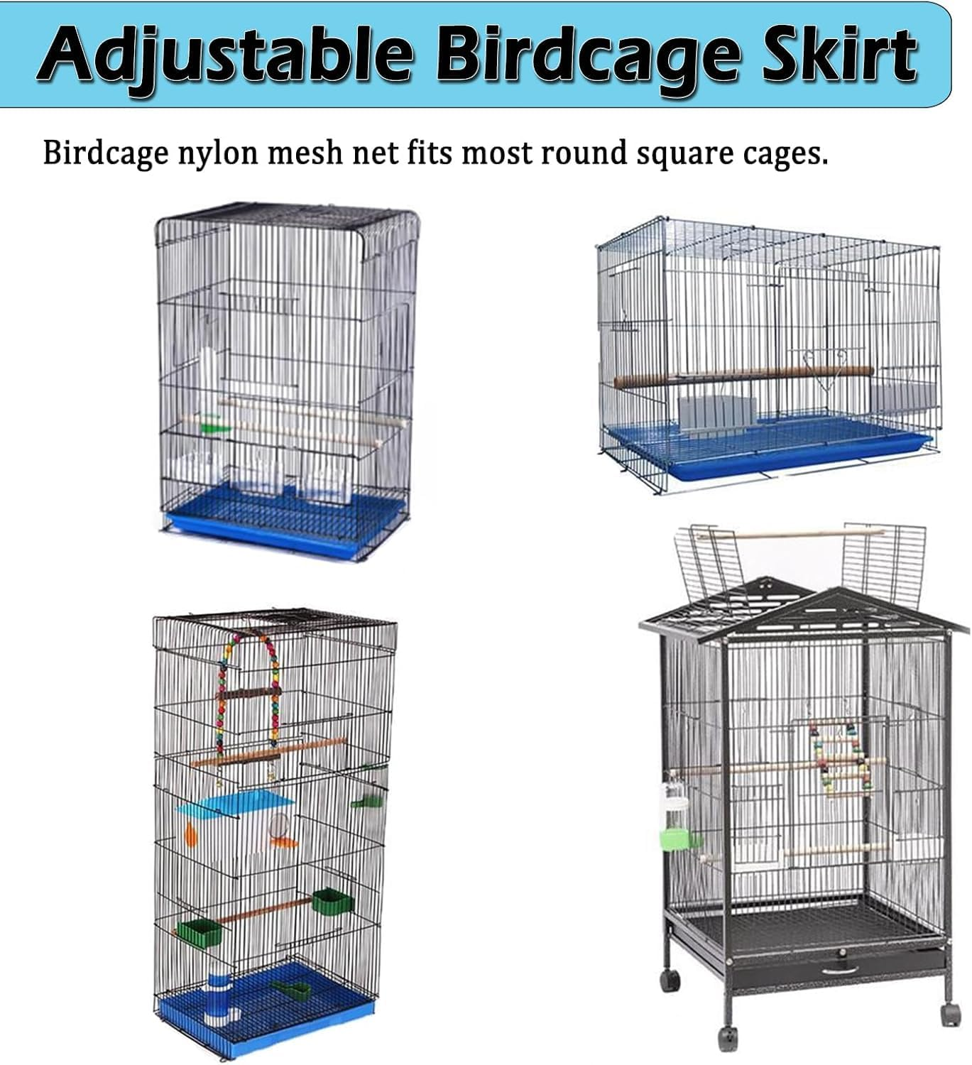ASOCEA Bird Cage Seed Catcher Adjustable Bird Cage Cover Soft Nylon Mesh Net with Drawstring Birdcage Skirt Feather Guard for round Square Cages (Black) (200 X70 Cm) image number 4